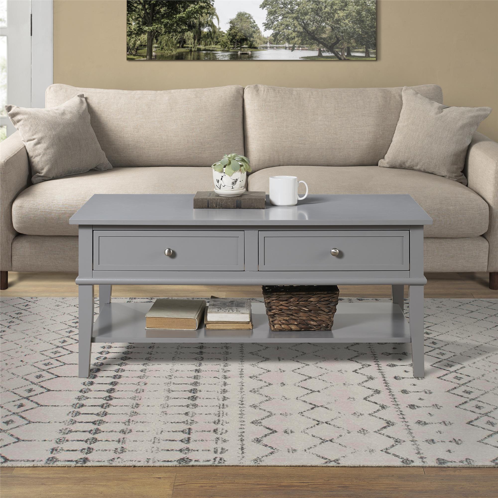 Soffbord - 105x52x47 cm - med 2 lådor och hyllplan - grå - Franklin - Soffbord - Soffbord - 105x52x47 cm - med 2 lådor och hyllplan - grå - Franklin -
