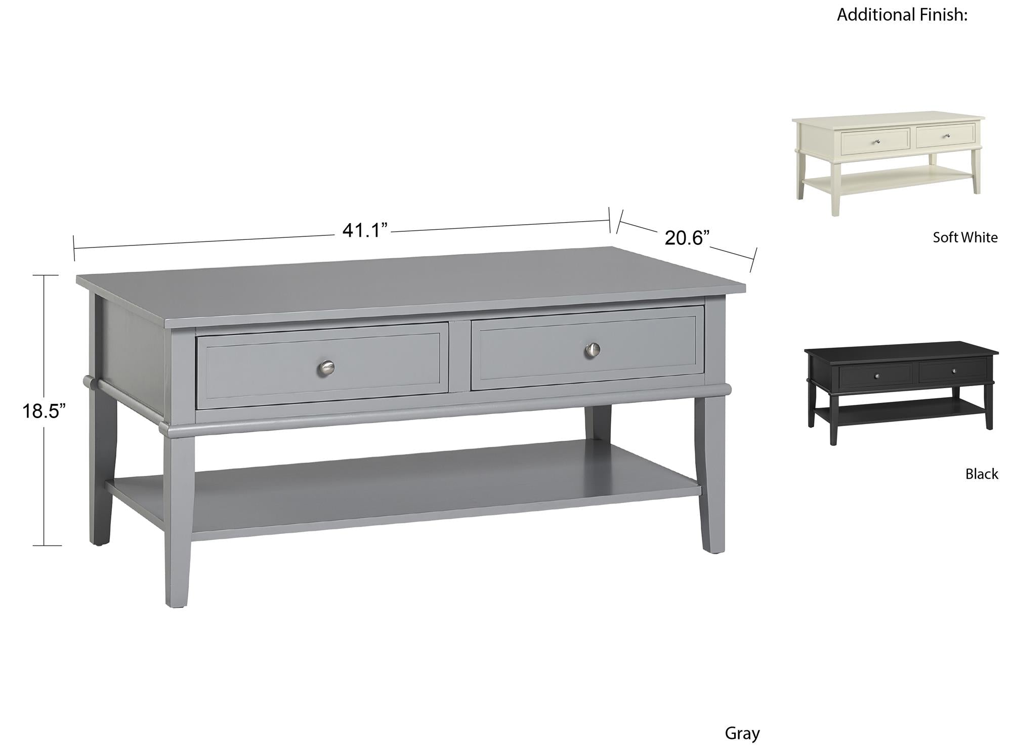 Soffbord - 105x52x47 cm - med 2 lådor och hyllplan - grå - Franklin - Soffbord - Soffbord - 105x52x47 cm - med 2 lådor och hyllplan - grå - Franklin -