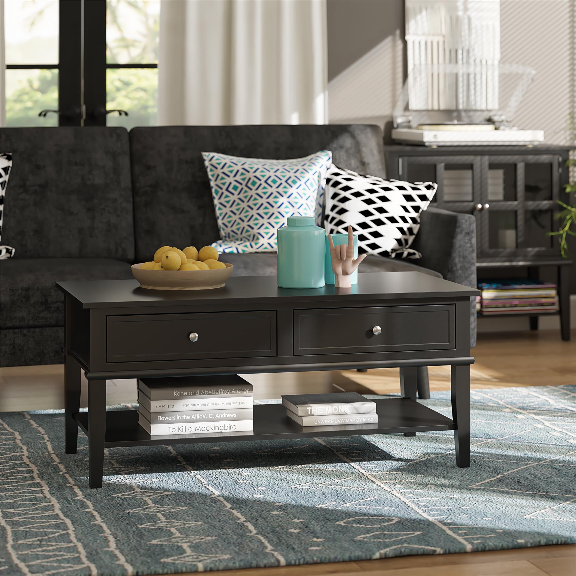 Soffbord - 105x52x47 cm - med 2 lådor och hylla - svart - Franklin