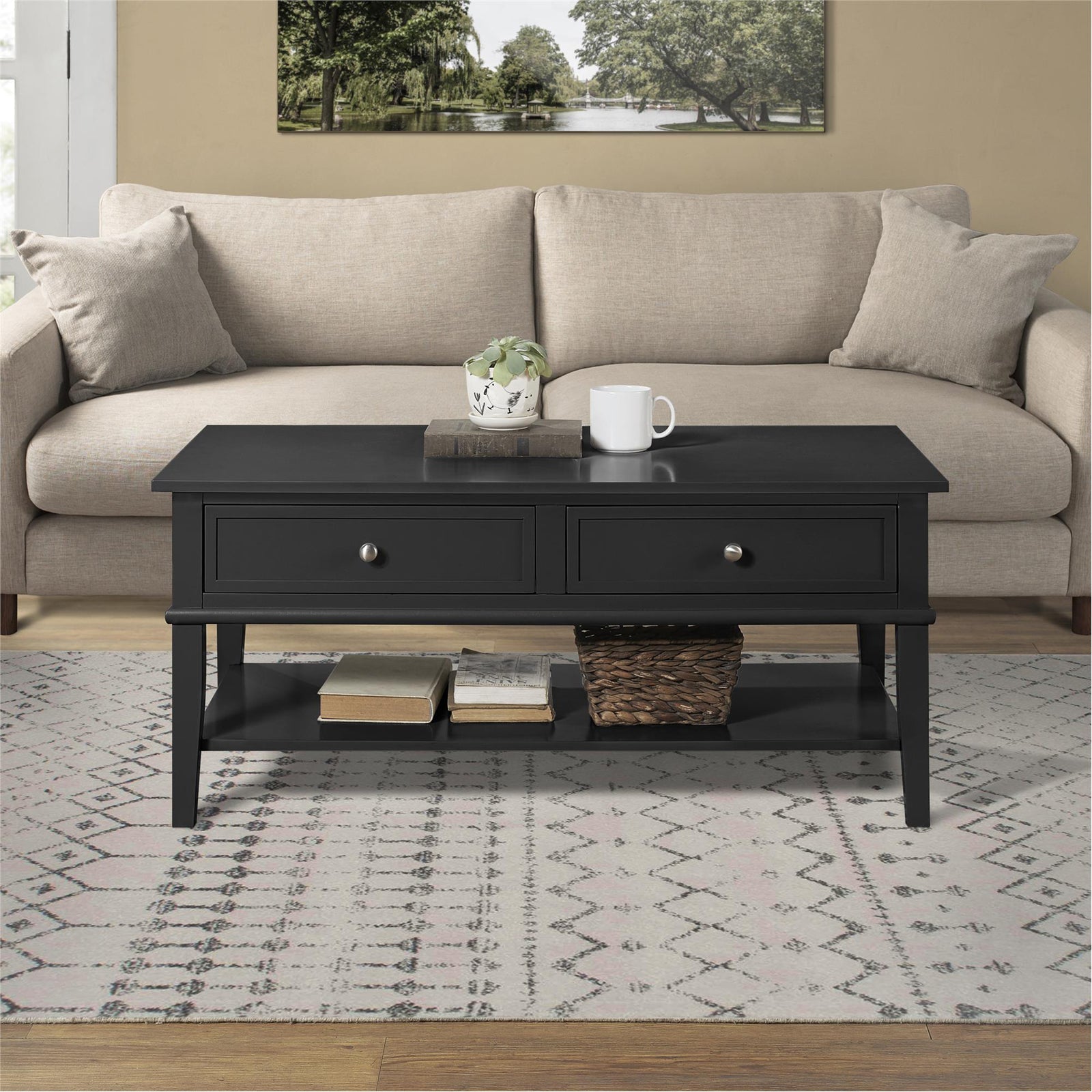 Soffbord - 105x52x47 cm - med 2 lådor och hyllplan - svart - Franklin - Soffbord - Soffbord - 105x52x47 cm - med 2 lådor och hyllplan - svart - Franklin -