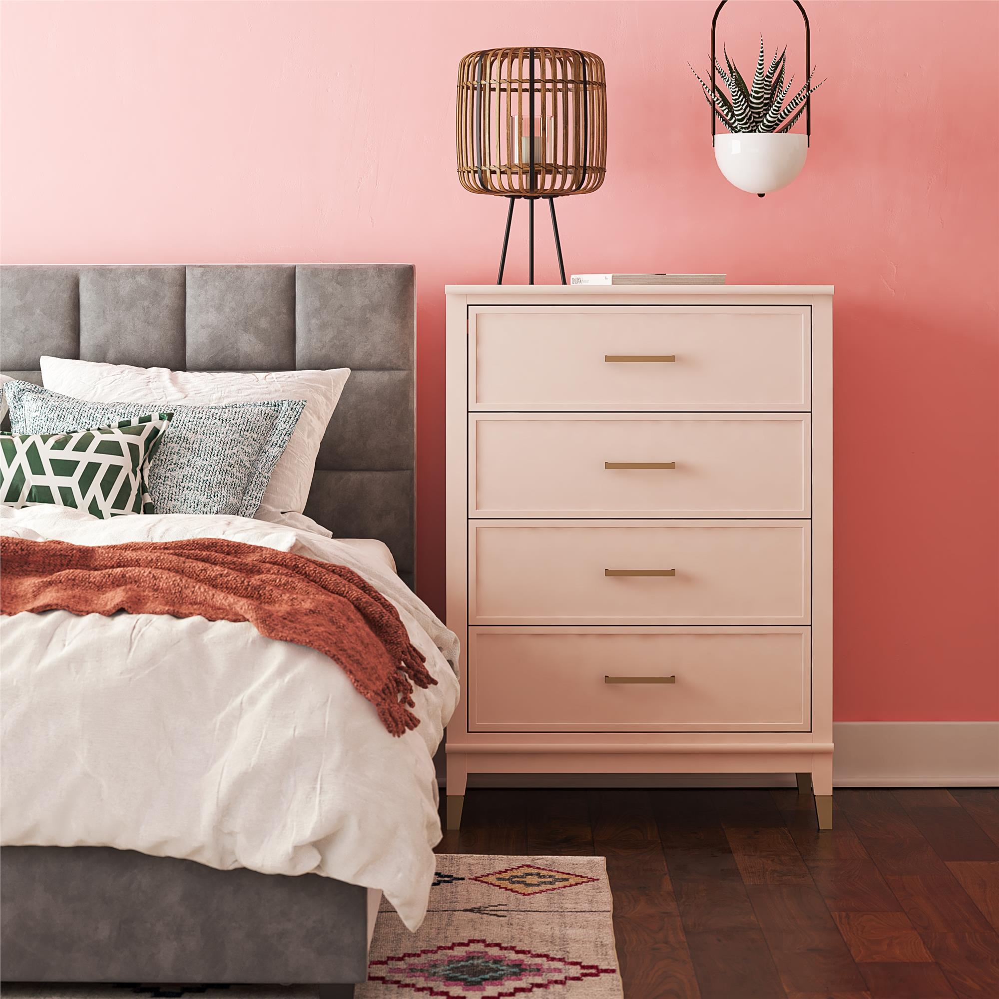 Byråar – 75x50x106 cm – med 4 lådor, Handtag och ben i guldfärg – rosa – Westerleigh