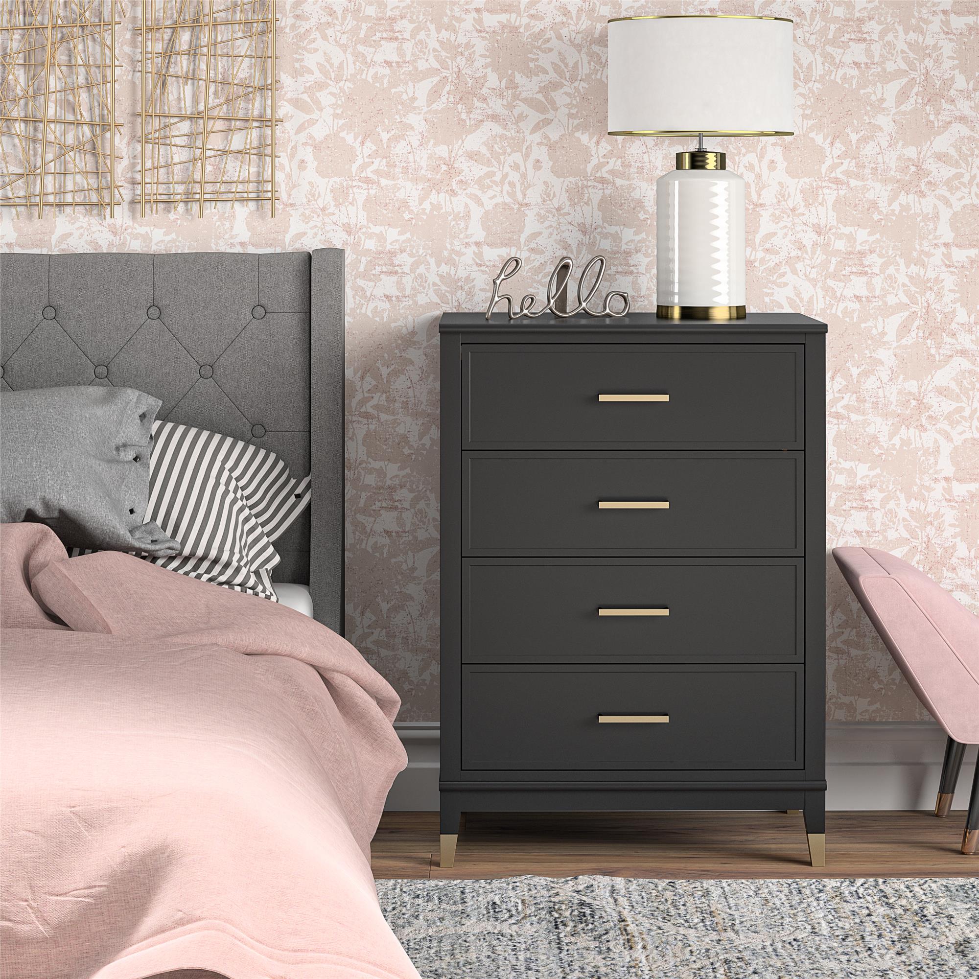 Byråar – 75x50x106 cm – med 4 lådor, Handtag och ben i guldfärg – svart – Westerleigh