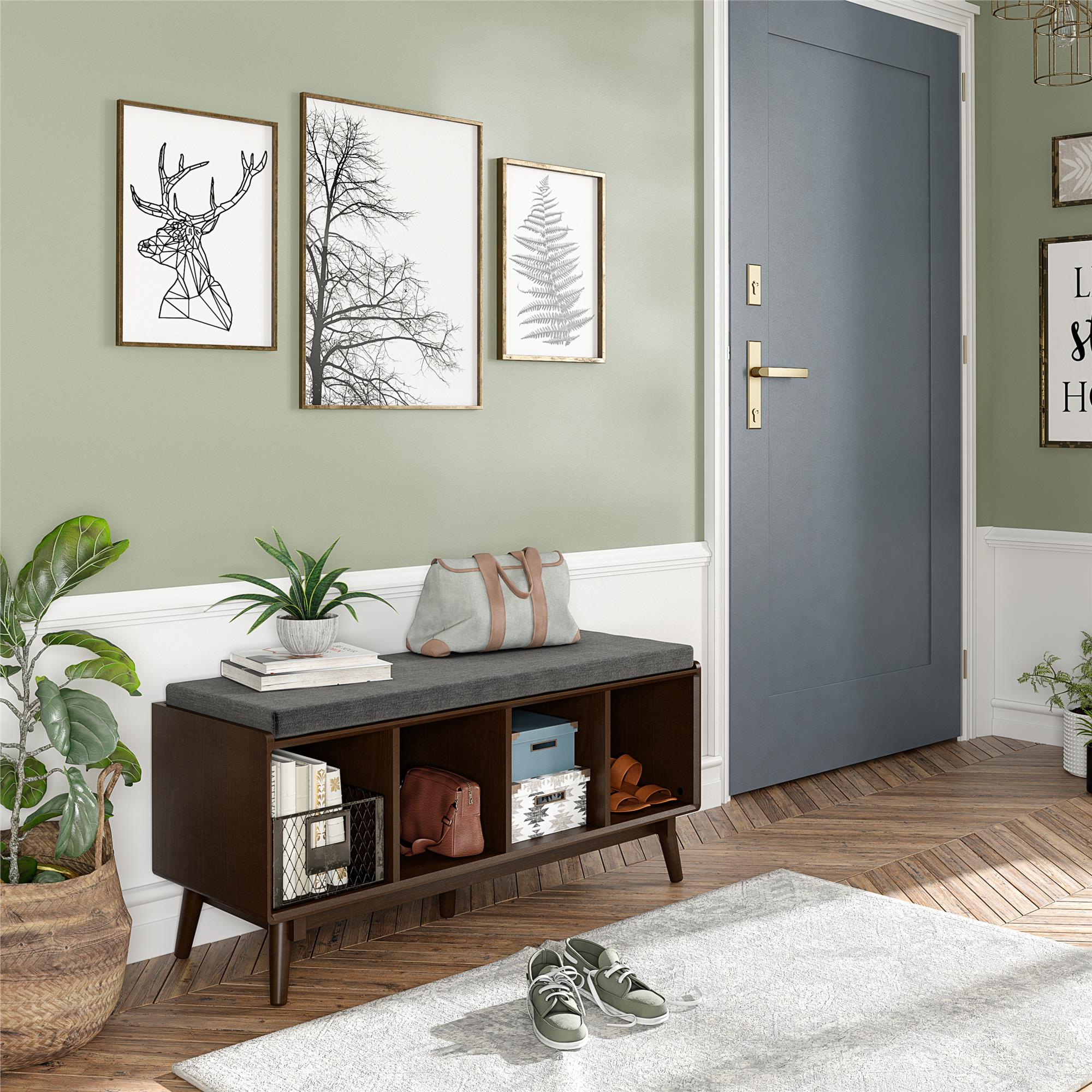 Bänk för hallen - 118x38x48 cm - med 4 fack och sittdyna - valnöt - Brittany