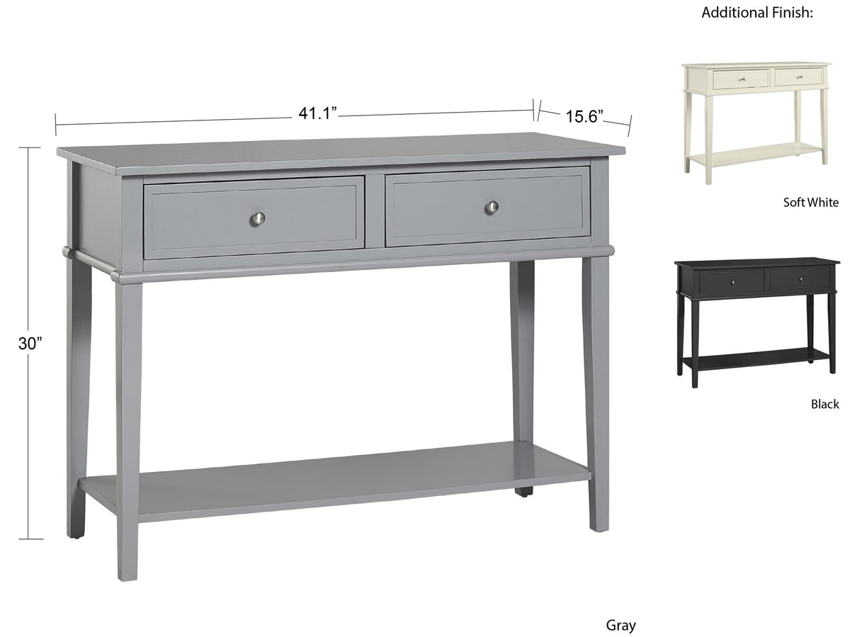 Konsolbord - 104x40x76 cm - med 2 lådor och hyllplan - grå - Franklin