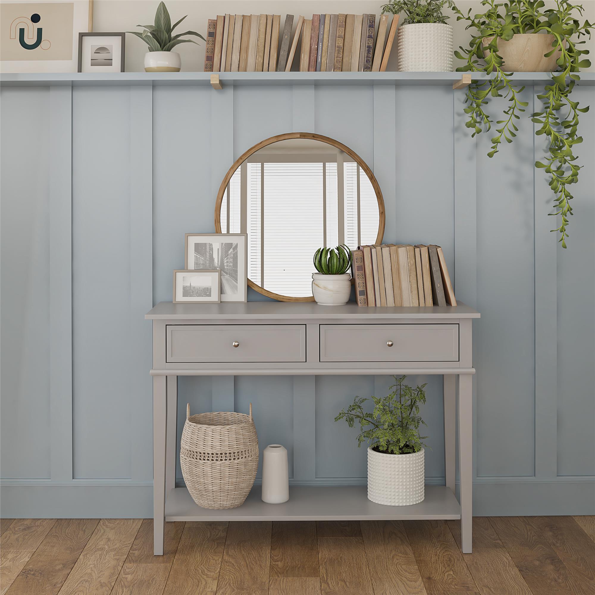 Konsolbord - 104x40x76 cm - med 2 lådor och hyllplan - grå - Franklin