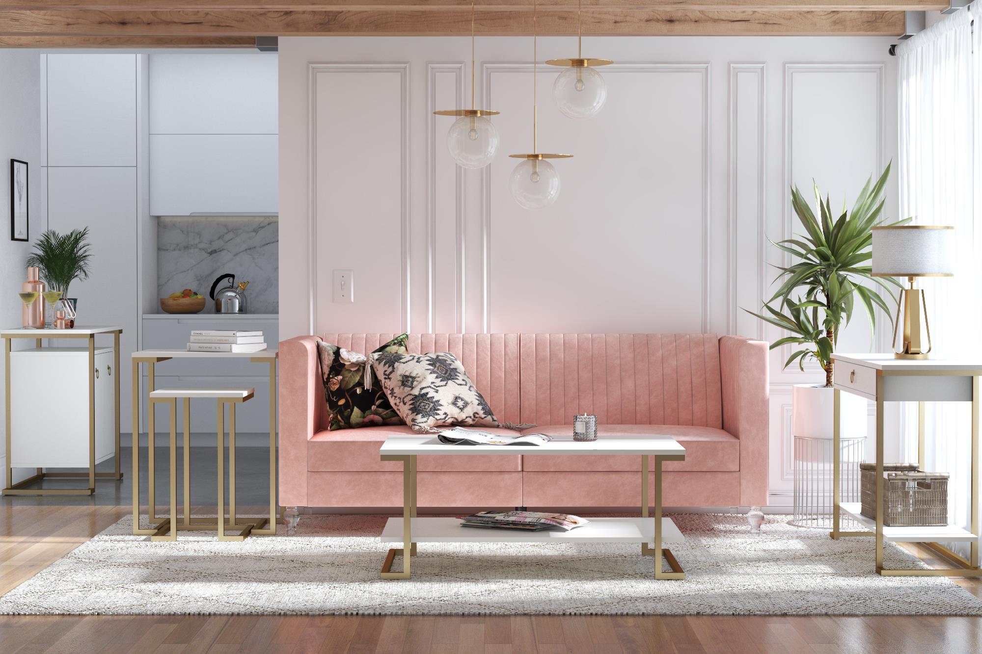 Soffbord - 106x60x45 cm - med hylla för förvaring och metallram i guldfärg - vit - Camila