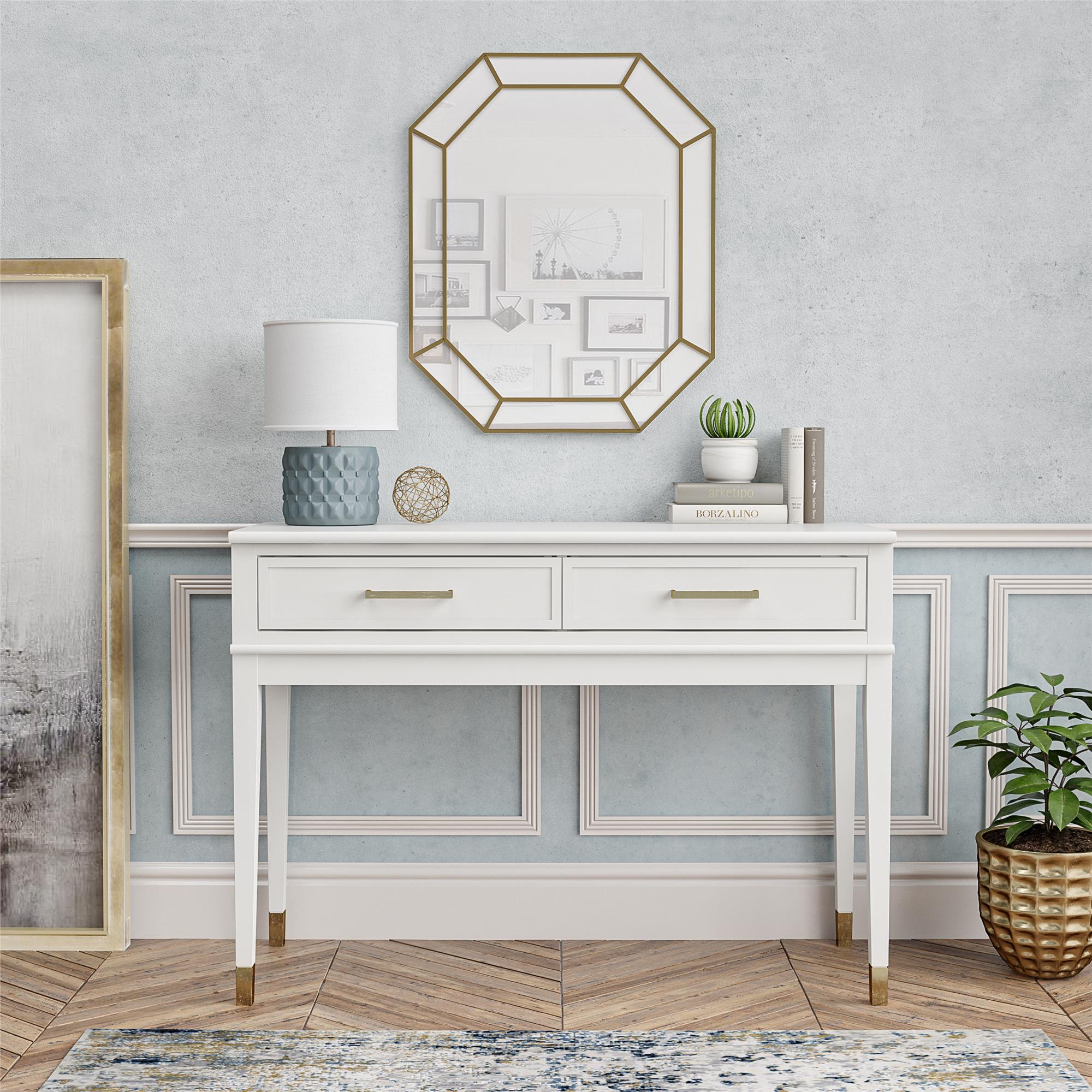 Konsolbord - 104x40x76 cm - med 2 lådor, Handtag och ben med guldfärgade detaljer - vit - Westerleigh