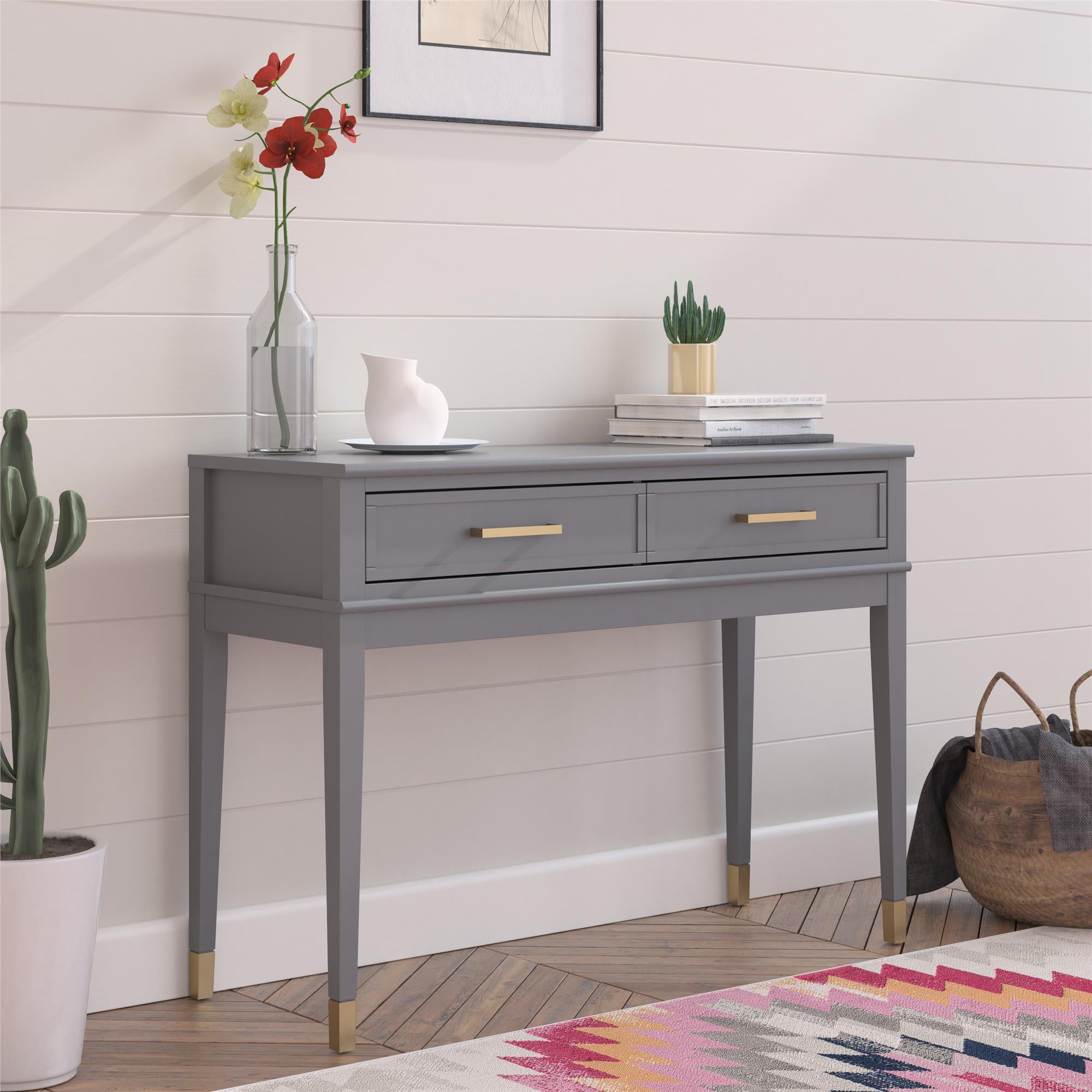 Konsolbord – 104x40x76 cm – med 2 lådor, Handtag och ben med gulddetaljer – grå – Westerleigh