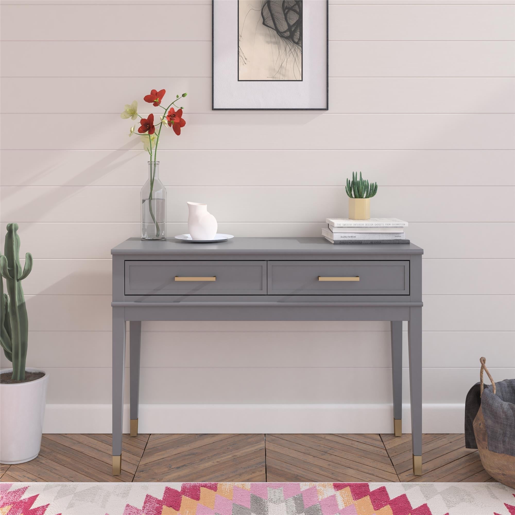 Konsolbord – 104x40x76 cm – med 2 lådor, Handtag och ben med gulddetaljer – grå – Westerleigh