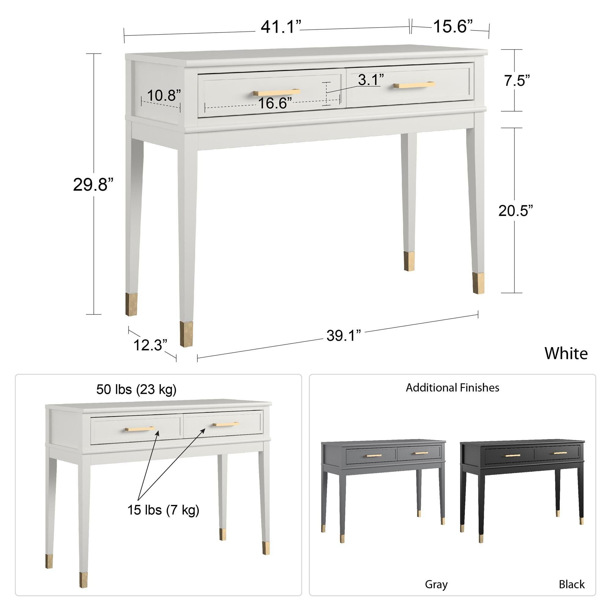 Konsolbord - 104x40x76 cm - med 2 lådor, handtag och ben med gulddetaljer - svart - Westerleigh - Konsolbord - Konsolbord - 104x40x76 cm - med 2 lådor, handtag och ben med gulddetaljer - svart - Westerleigh -