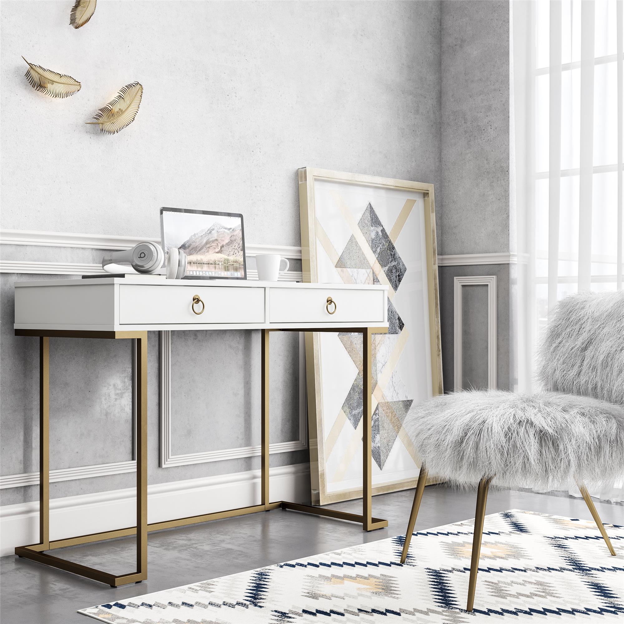 Skrivbord – 106x50x78 cm – med två lådor, metallben i guldfinish – vit – Camila