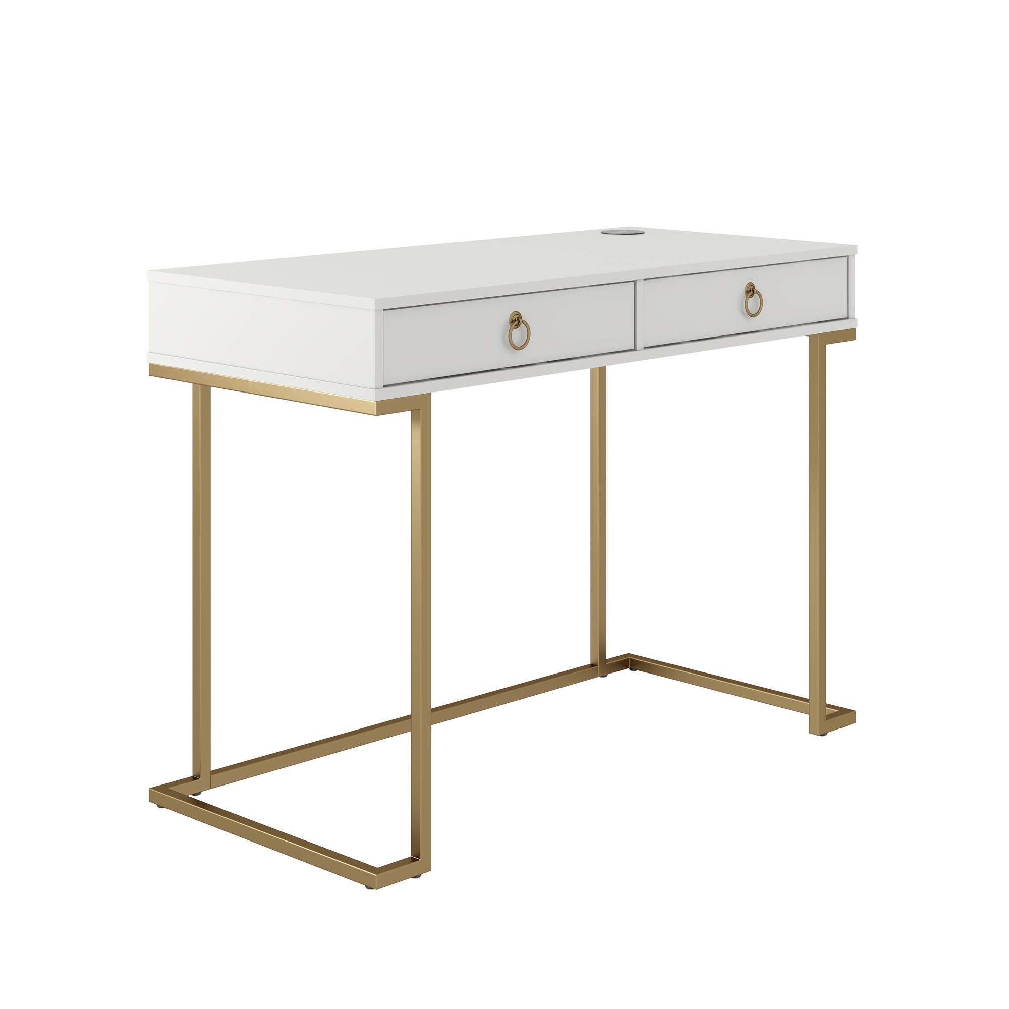 Skrivbord – 106x50x78 cm – med två lådor, metallben i guldfinish – vit – Camila