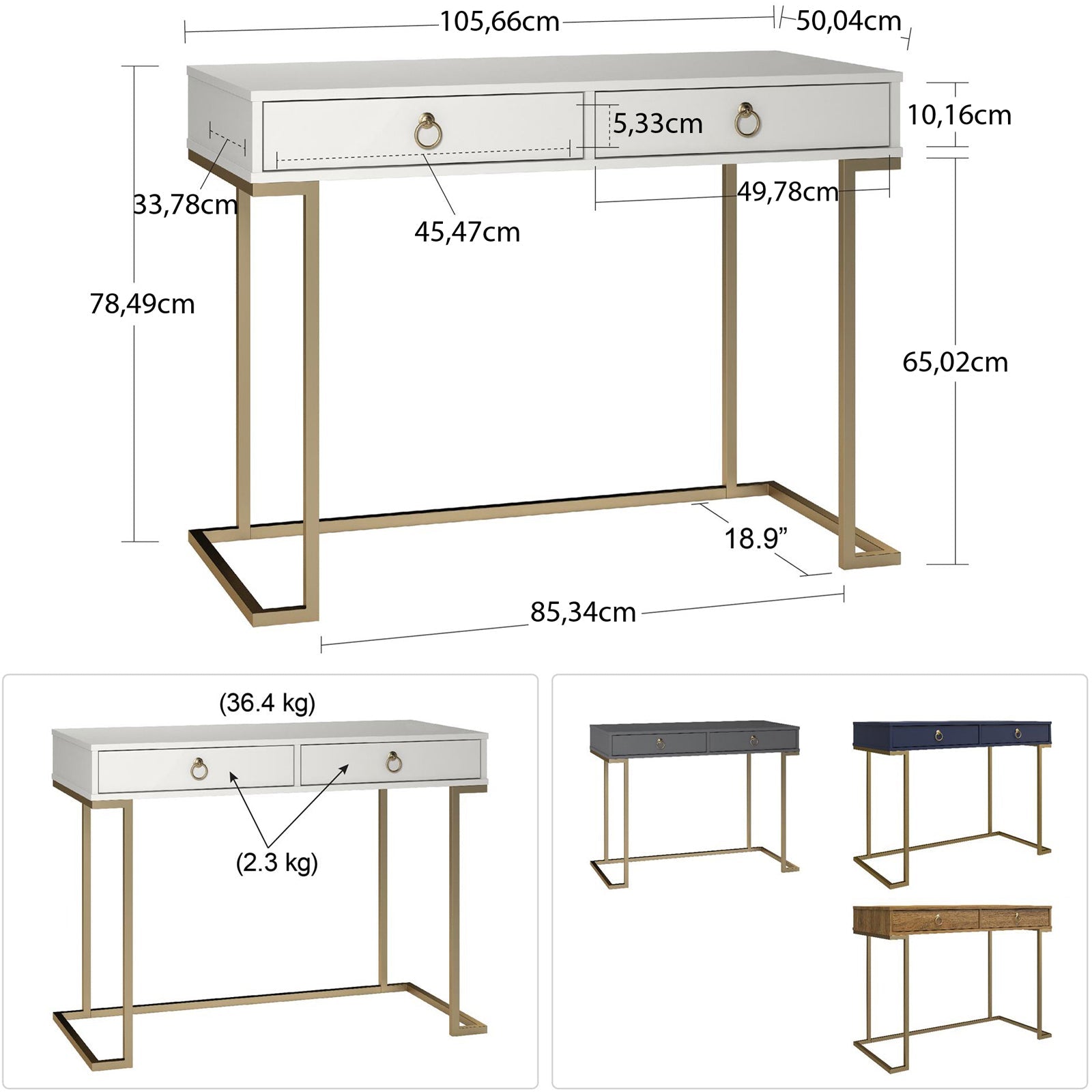 Skrivbord - 106x50x78 cm - med två lådor, metallben i guldfinish - vit - Camila - Datorbord - Skrivbord - 106x50x78 cm - med två lådor, metallben i guldfinish - vit - Camila -