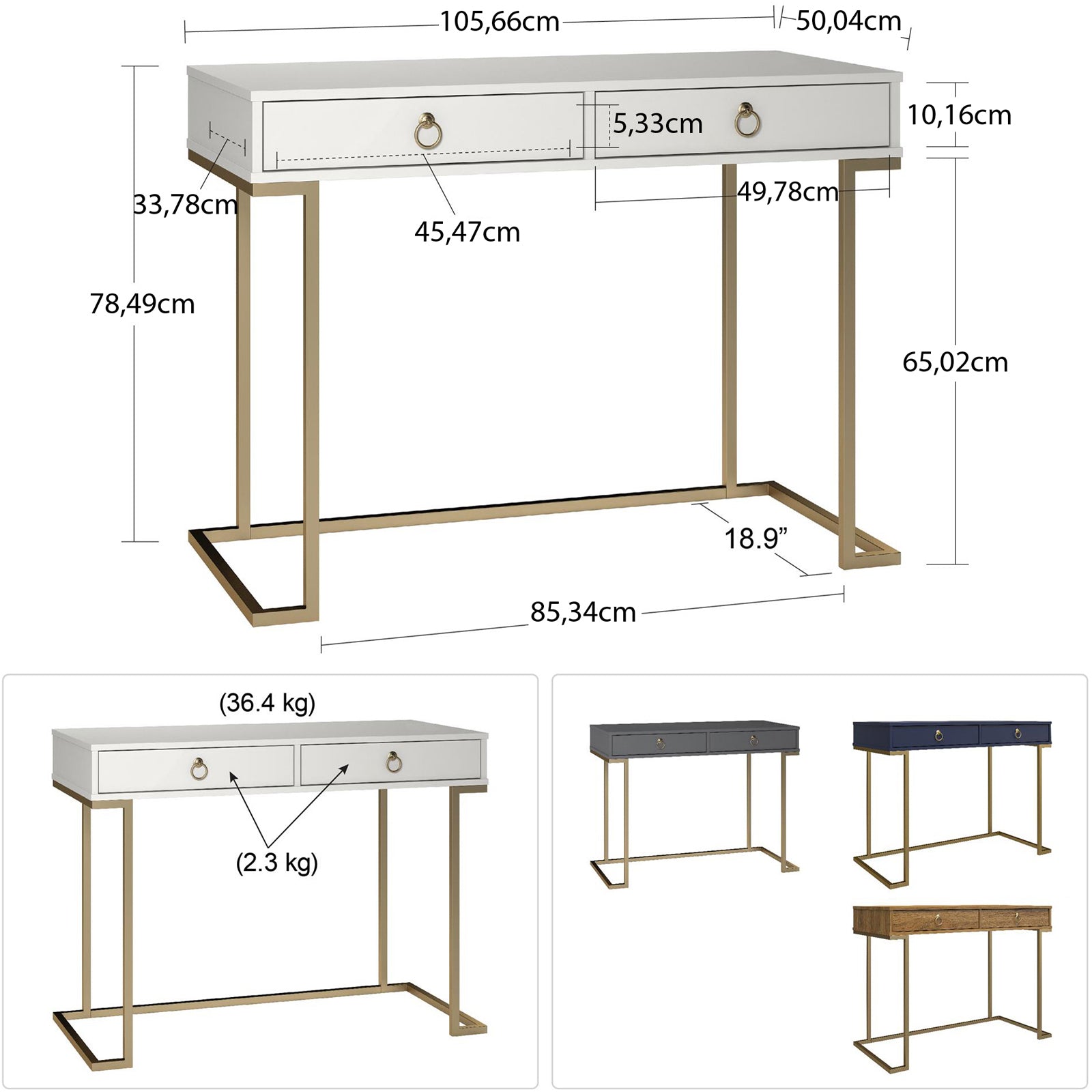 Skrivbord – 106x50x78 cm – med två lådor, metallben i guldfinish – vit – Camila