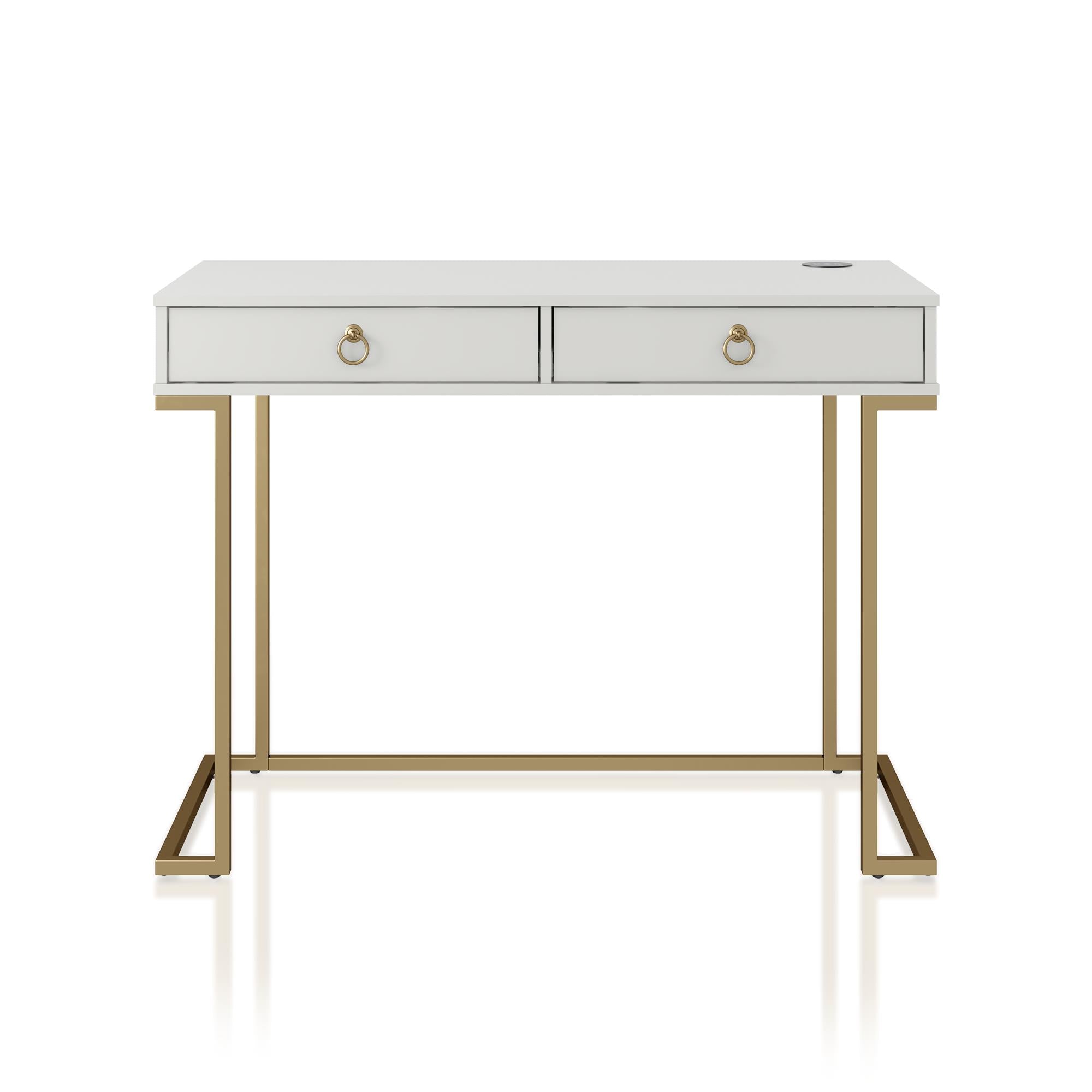 Skrivbord – 106x50x78 cm – med två lådor, metallben i guldfinish – vit – Camila