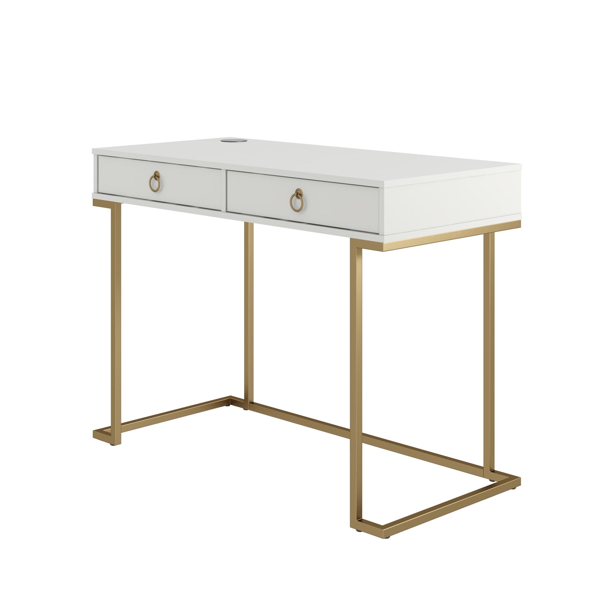 Skrivbord – 106x50x78 cm – med två lådor, metallben i guldfinish – vit – Camila