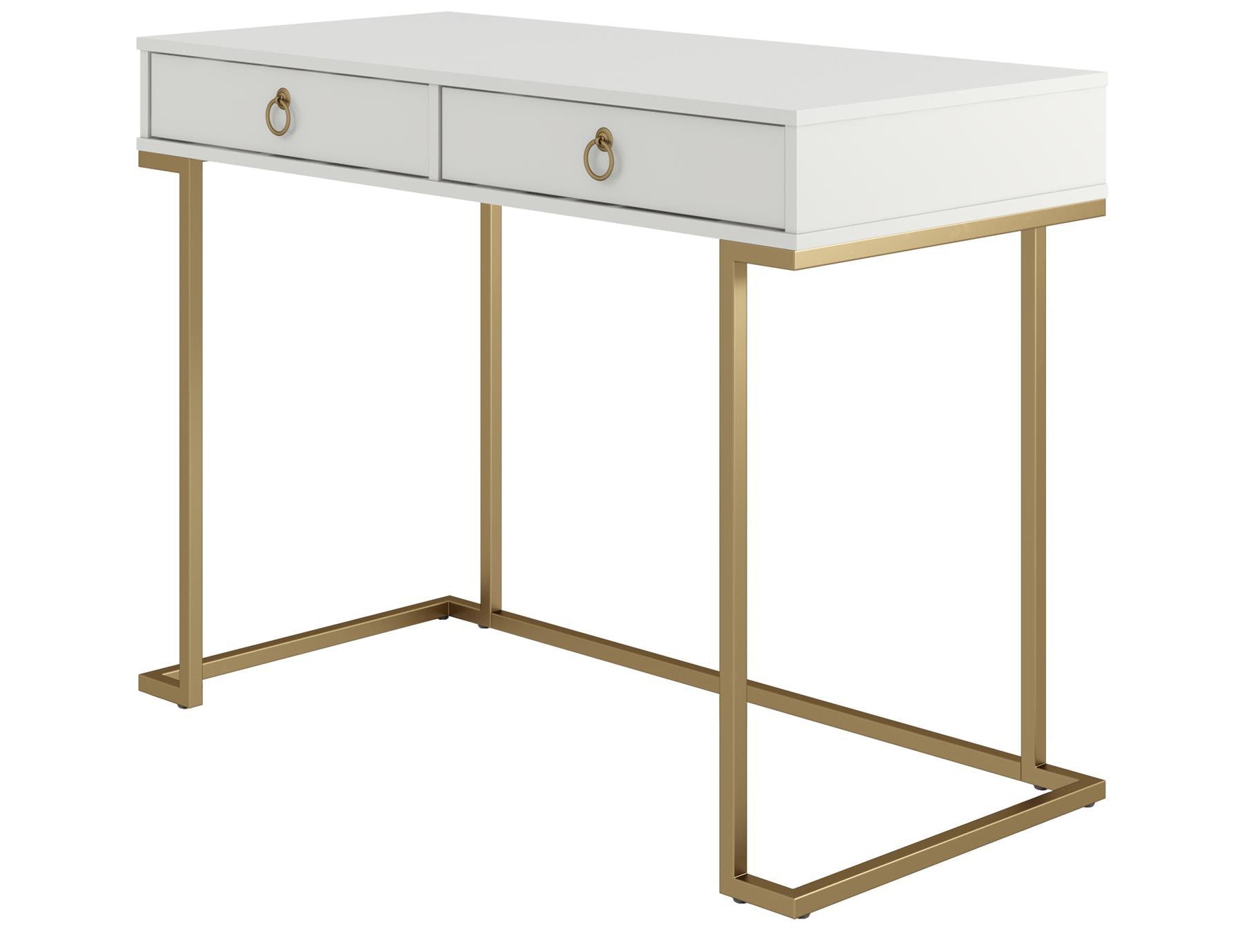 Skrivbord – 106x50x78 cm – med två lådor, metallben i guldfinish – vit – Camila