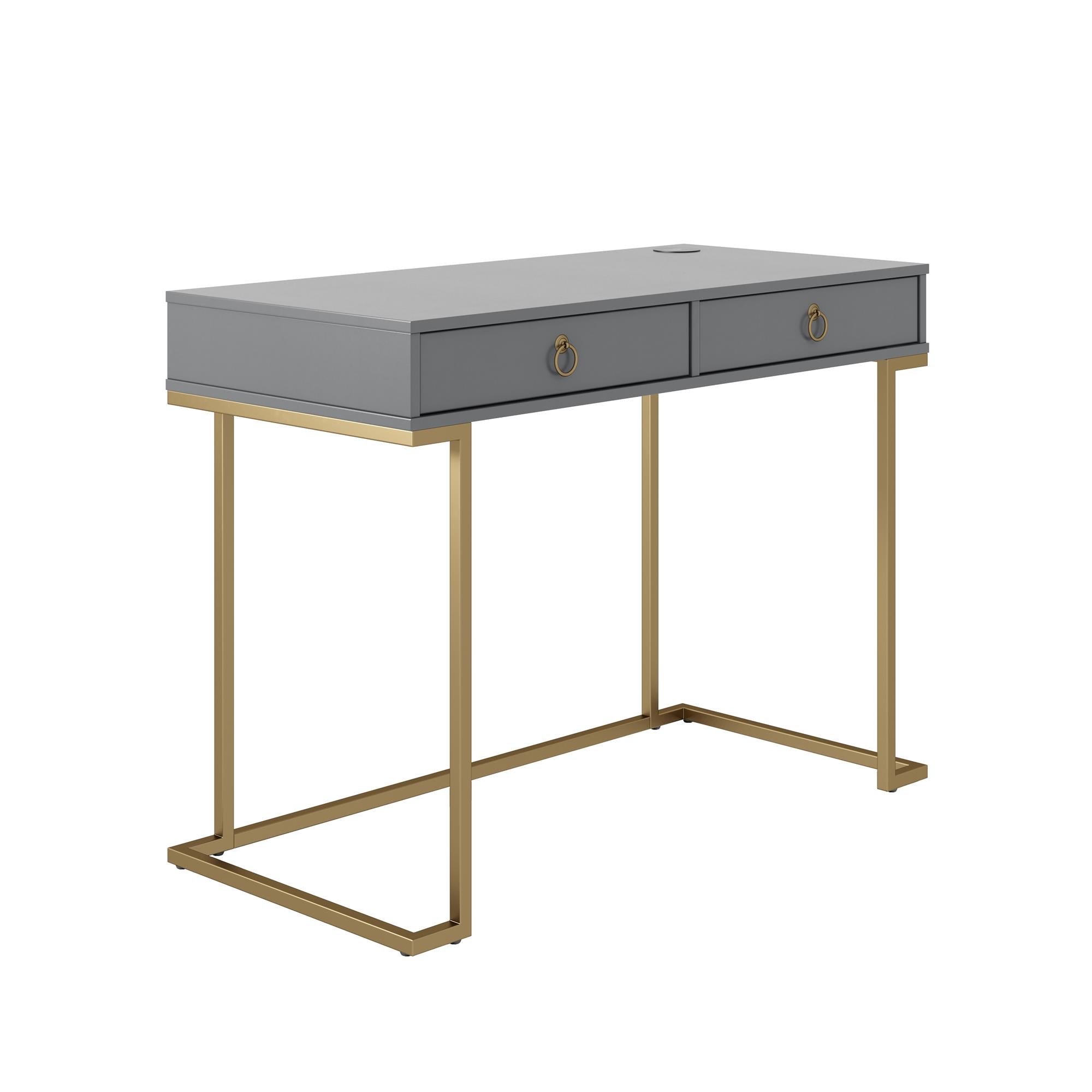 Skrivbord - 106x50x78 cm - med två lådor, metallben i guldfinish - grå - Camila