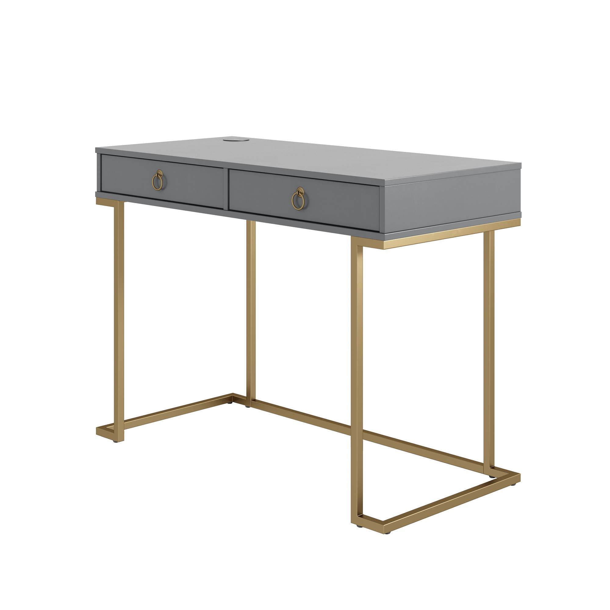 Skrivbord - 106x50x78 cm - med två lådor, metallben i guldfinish - grå - Camila