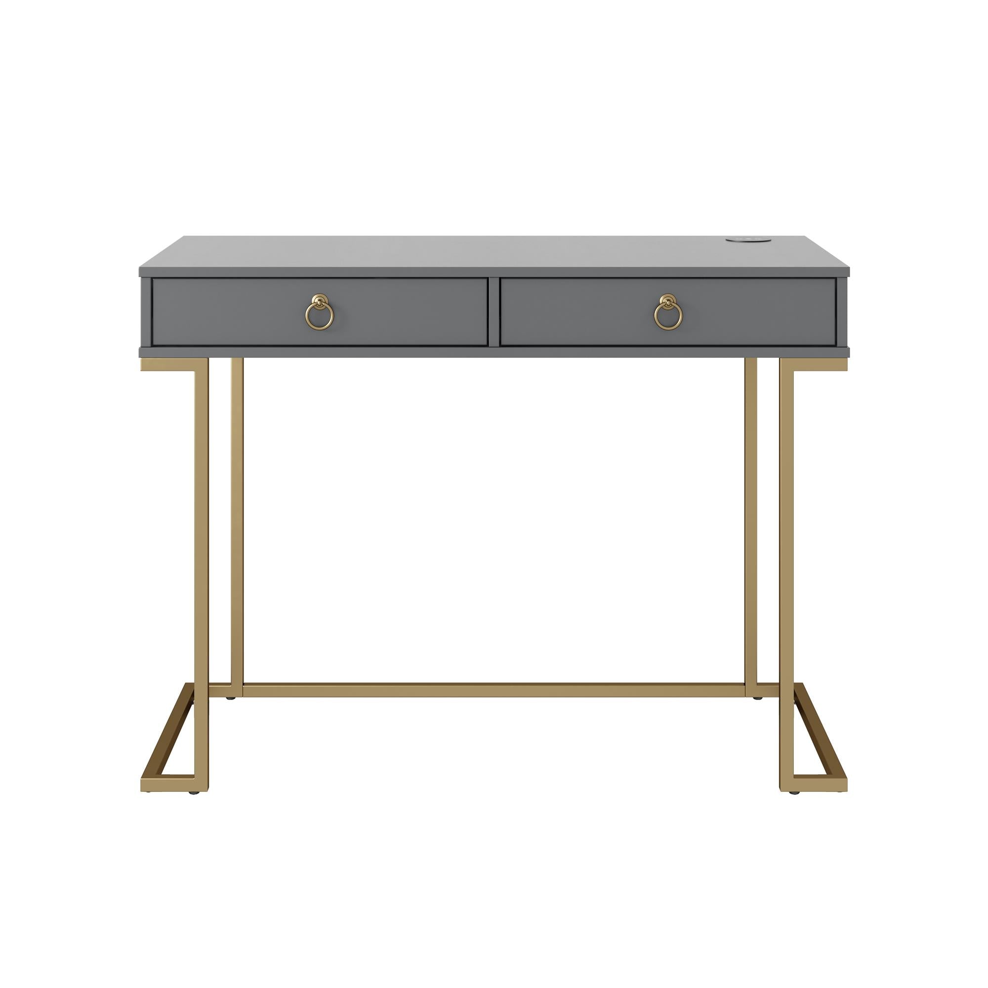 Skrivbord - 106x50x78 cm - med två lådor, metallben i guldfinish - grå - Camila