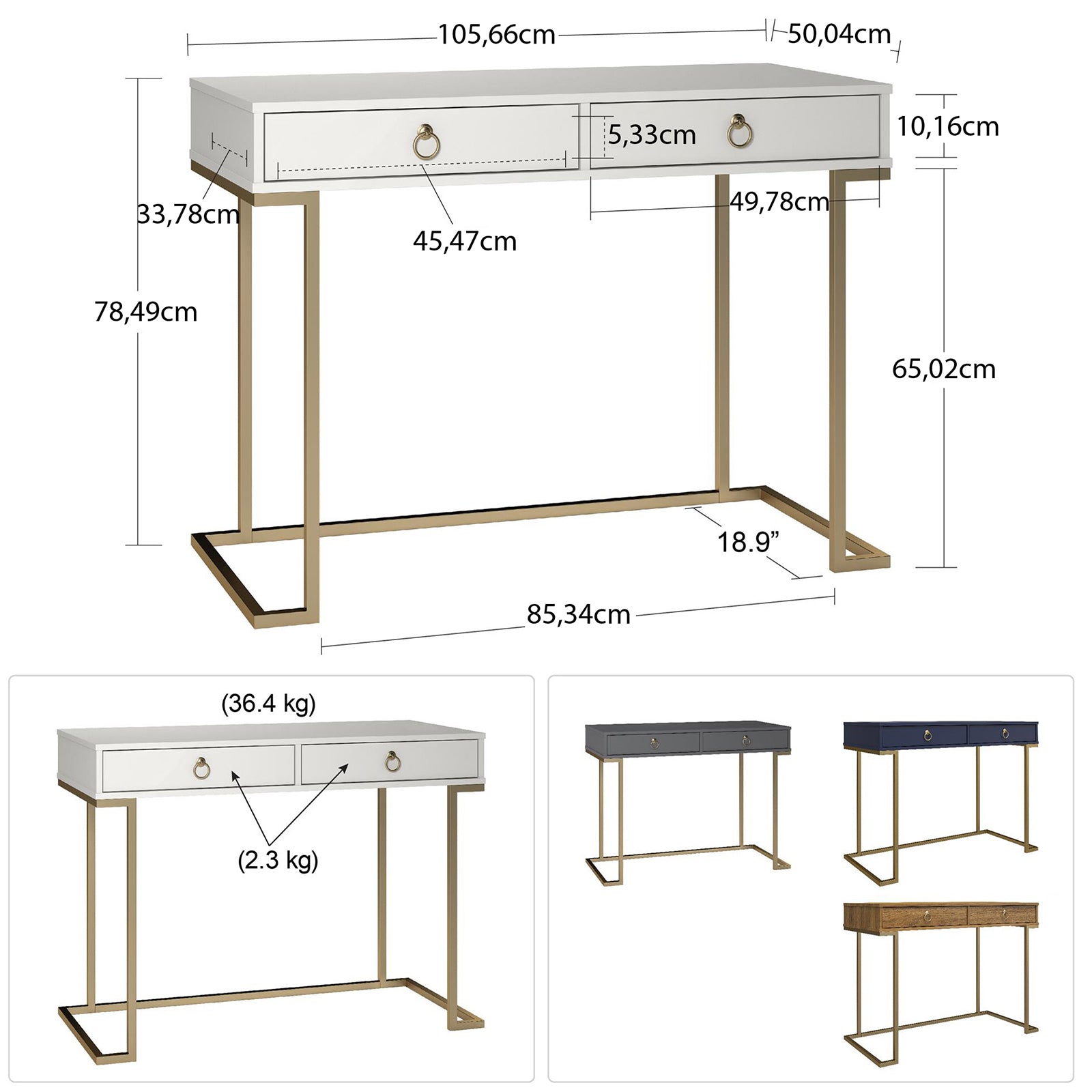 Skrivbord - 106x50x78 cm - med två lådor, metallben i guldfinish - grå - Camila