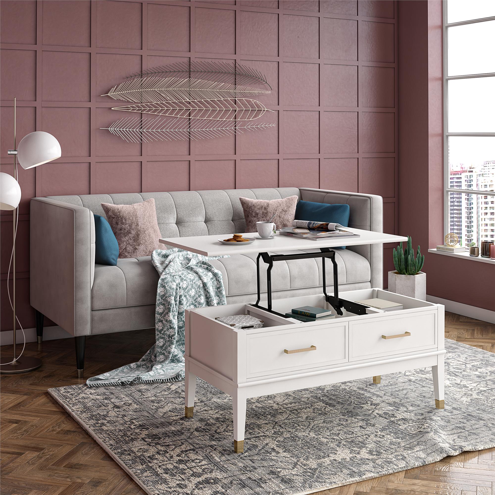 Soffbord - 106x52x51 cm - med 2 lådor och toppbricka med lyftfunktion - vit - Westerleigh