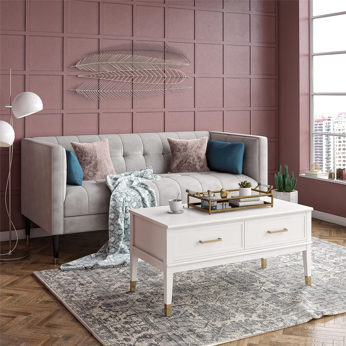 Soffbord - 106x52x51 cm - med 2 lådor och toppbricka med lyftfunktion - vit - Westerleigh