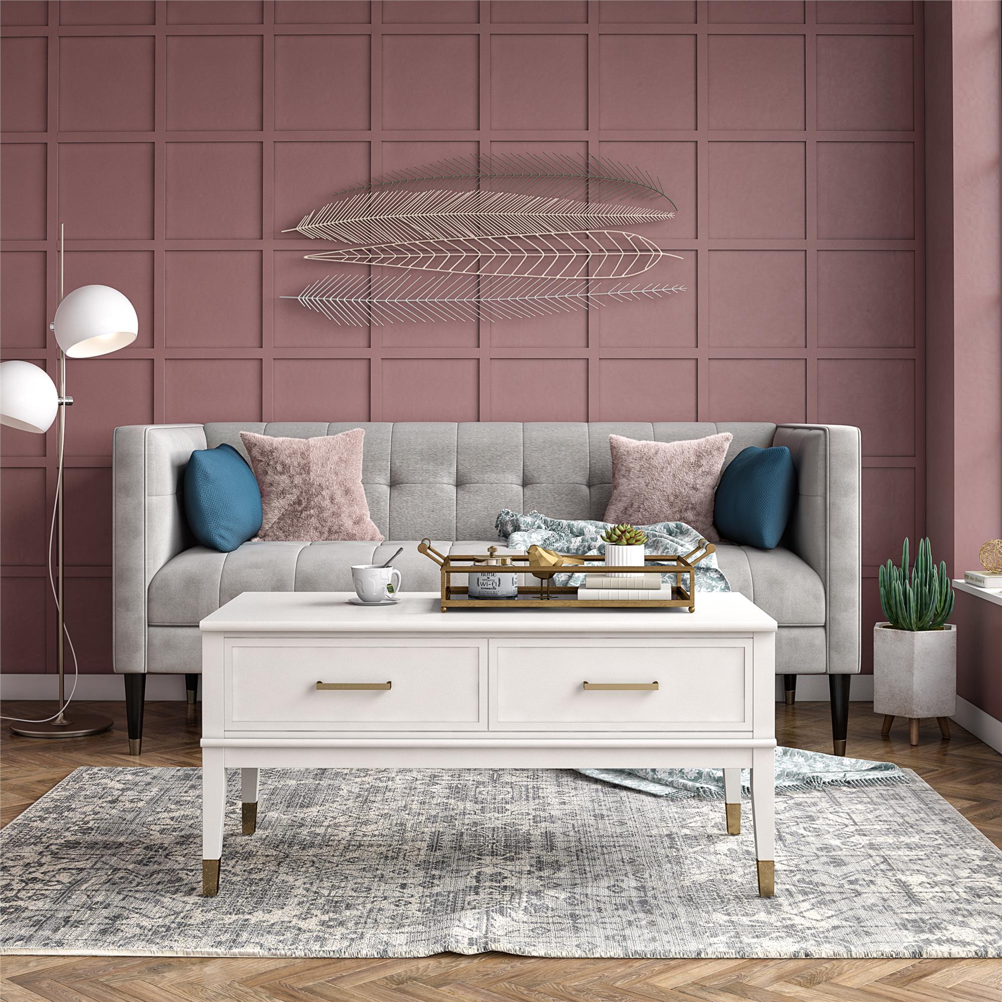 Soffbord - 106x52x51 cm - med 2 lådor och toppbricka med lyftfunktion - vit - Westerleigh