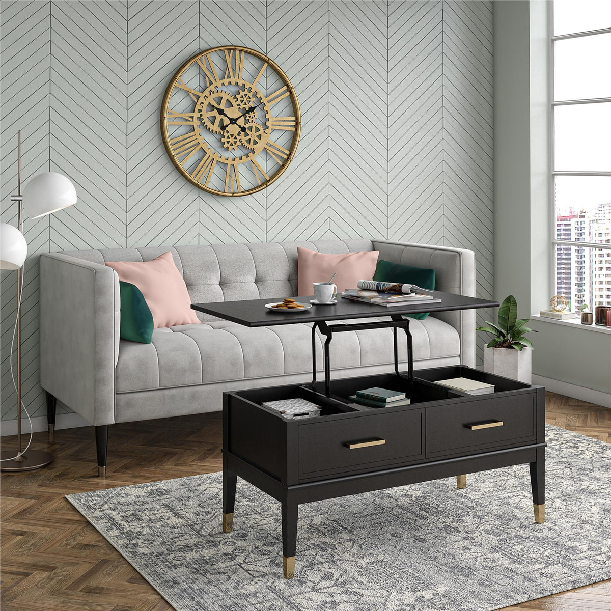 Soffbord - 106x52x51 cm - med 2 lådor och toppbricka med lyftfunktion - svart - Westerleigh