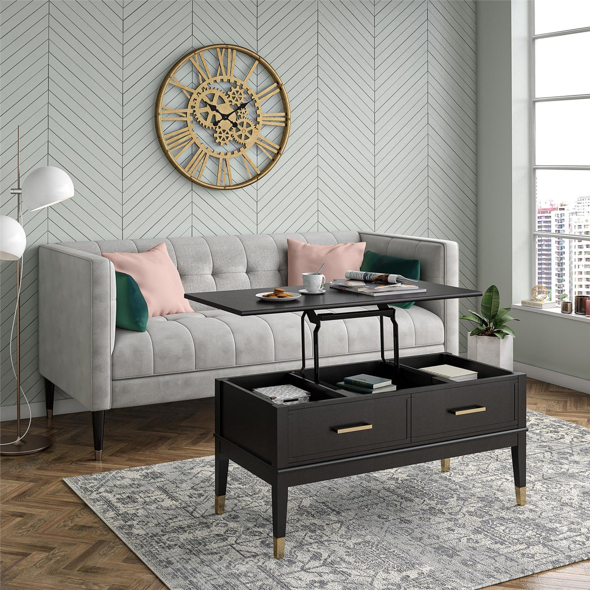 Soffbord - 106x52x51 cm - med 2 lådor och toppbricka med lyftfunktion - svart - Westerleigh