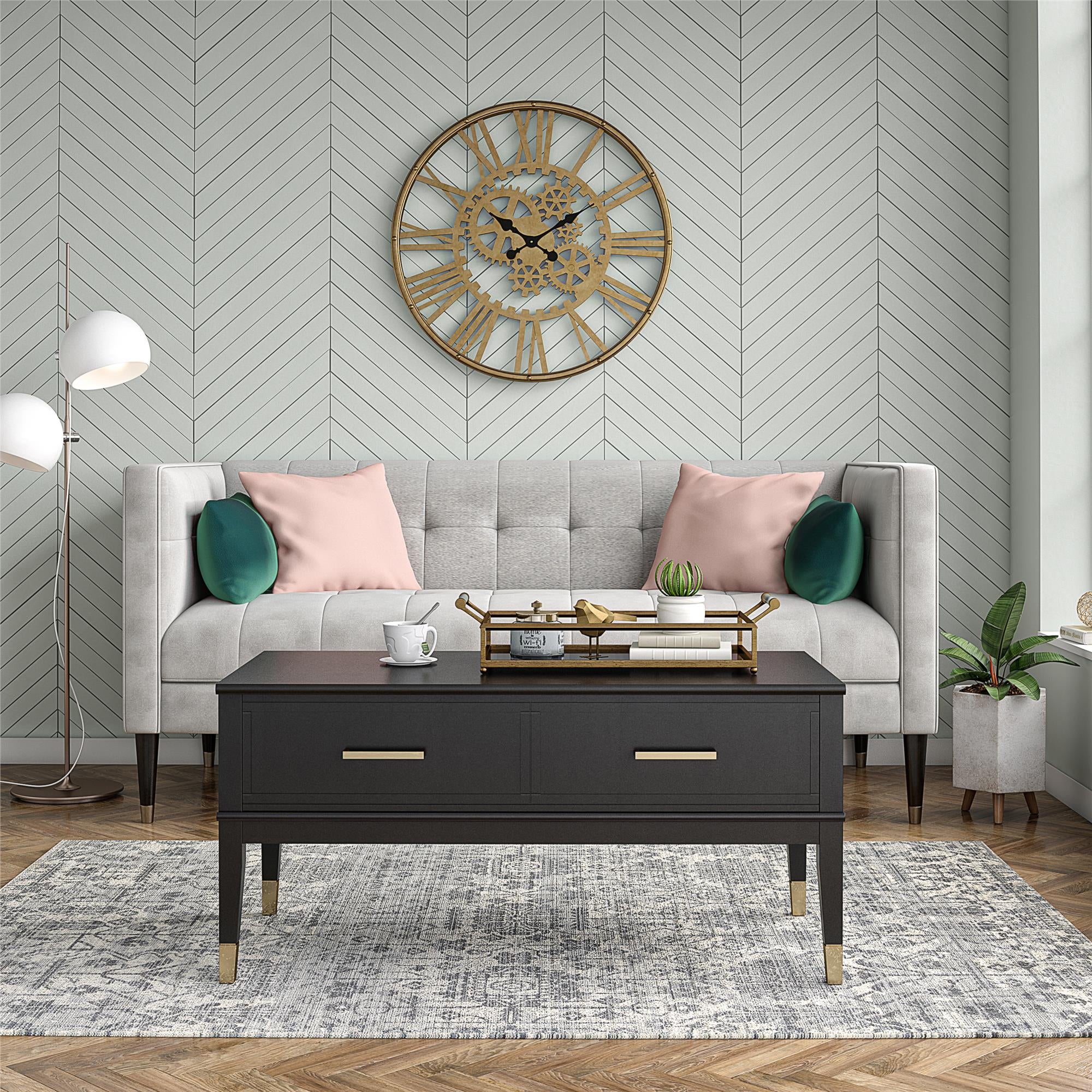 Soffbord - 106x52x51 cm - med 2 lådor och toppbricka med lyftfunktion - svart - Westerleigh