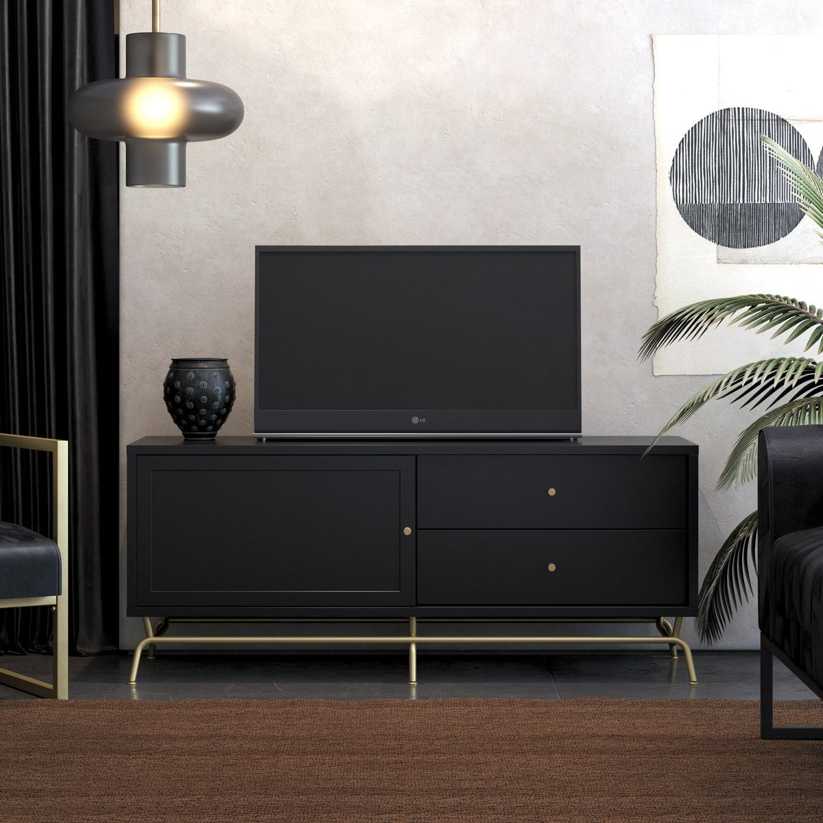 TV-bänk - 150x48x62 cm - med 2 lådor och 1 skåp - svart - Nova
