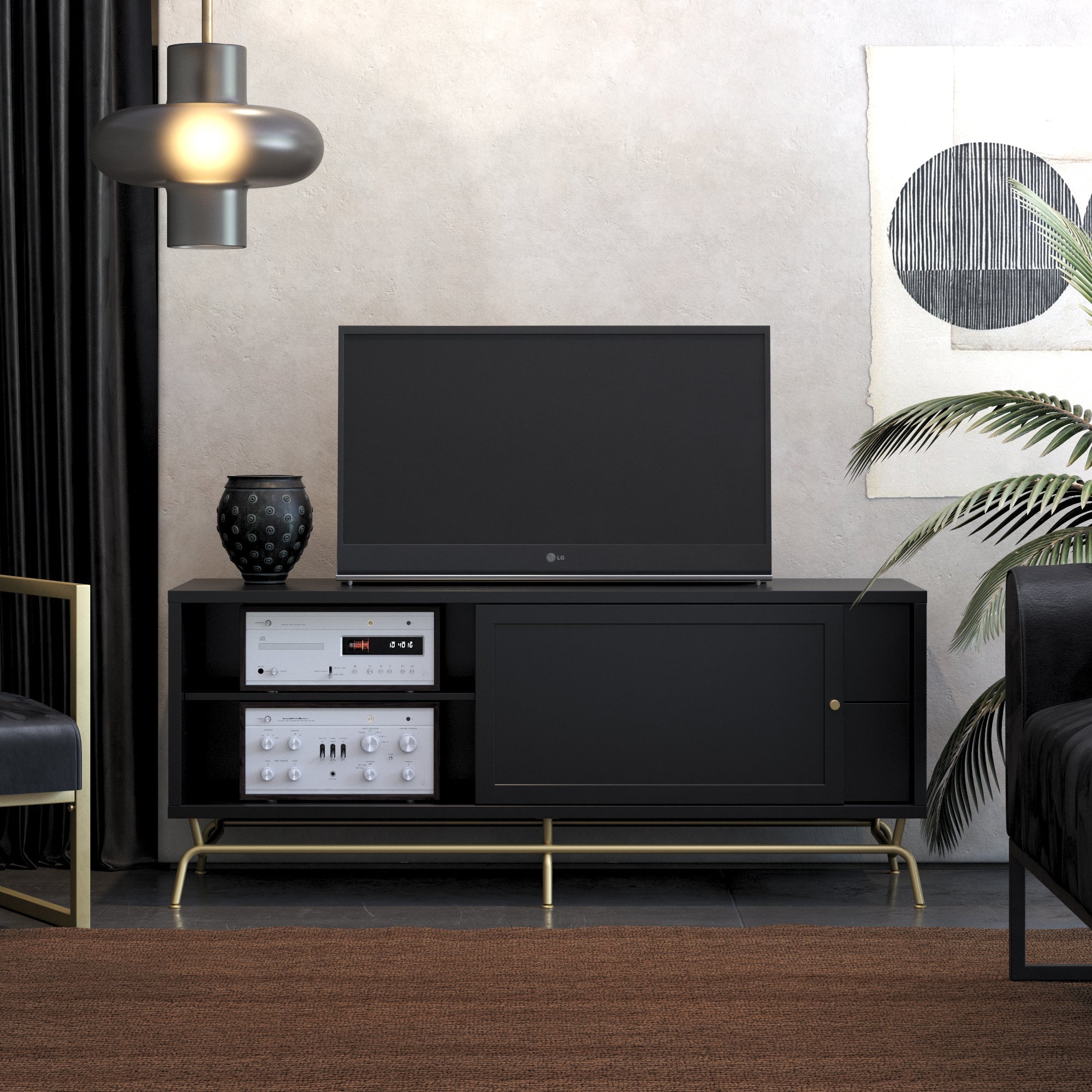 TV-bänk - 150x48x62 cm - med 2 lådor och 1 skåp - svart - Nova
