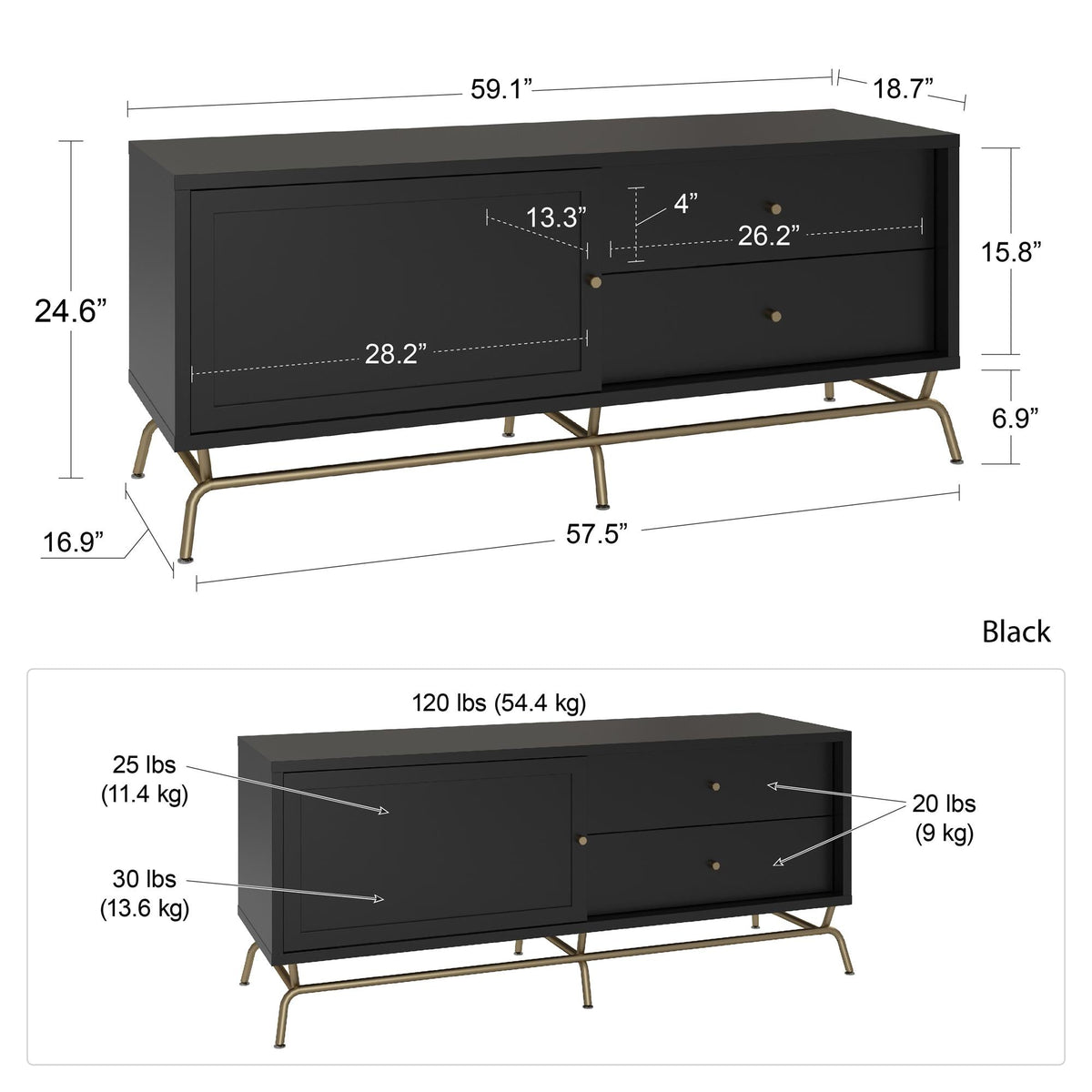 TV-bänk - 150x48x62 cm - med 2 lådor och 1 skåp - svart - Nova