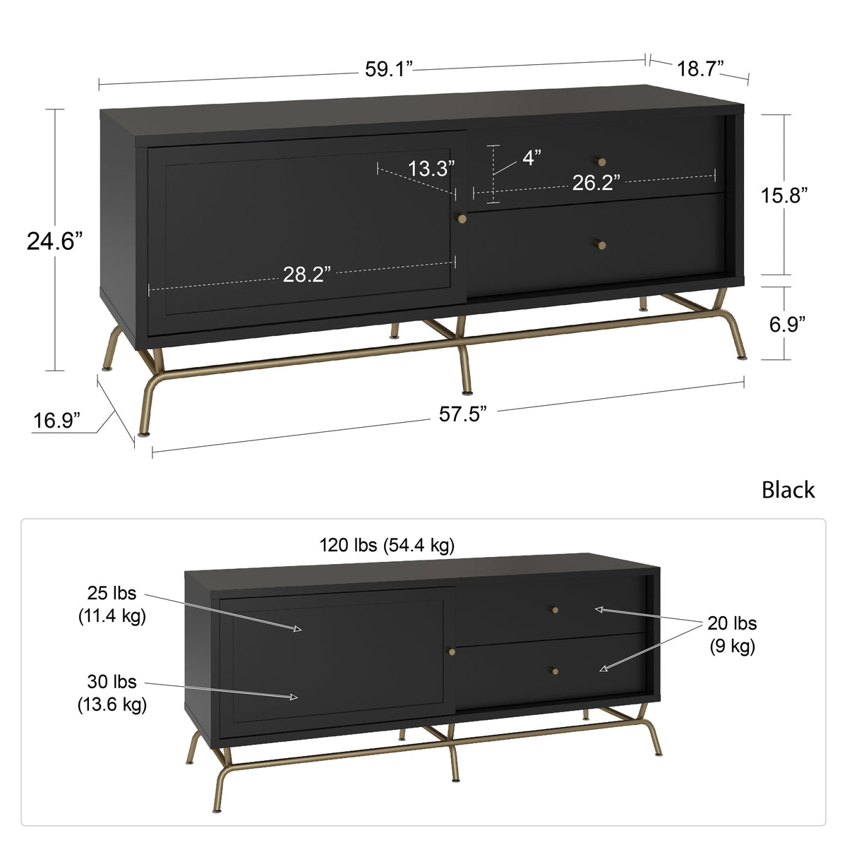 TV-bänk - 150x48x62 cm - med 2 lådor och 1 skåp - svart - Nova