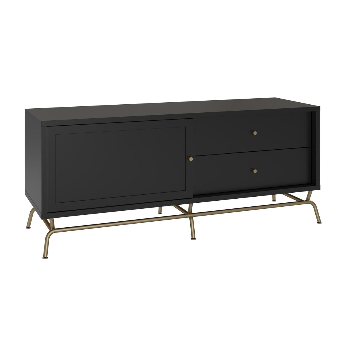 TV-bänk - 150x48x62 cm - med 2 lådor och 1 skåp - svart - Nova