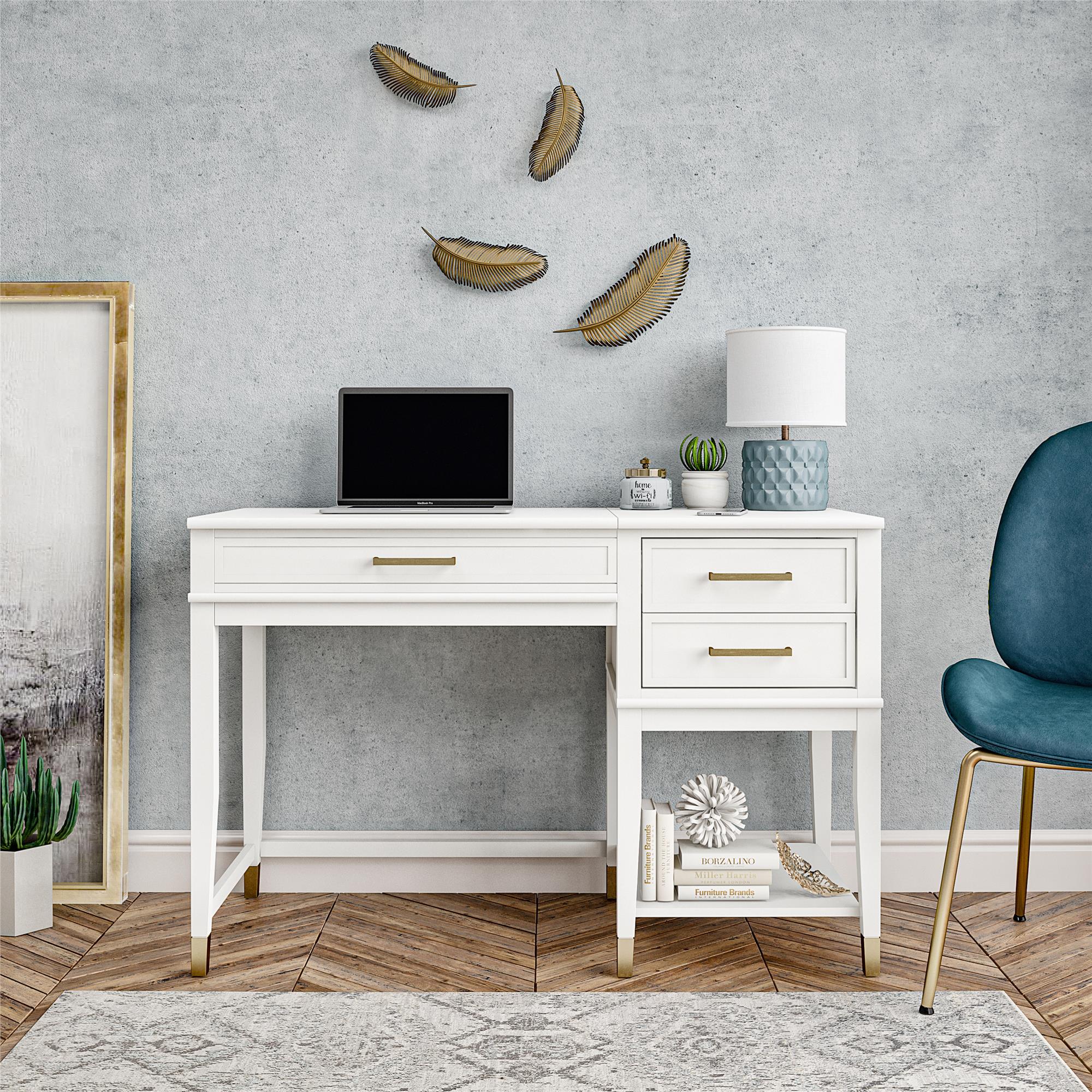 Skrivbord - 116x50x76,5 cm - med 3 lådor och en hylla. Skiva med lyftfunktion - vit - Westerleigh