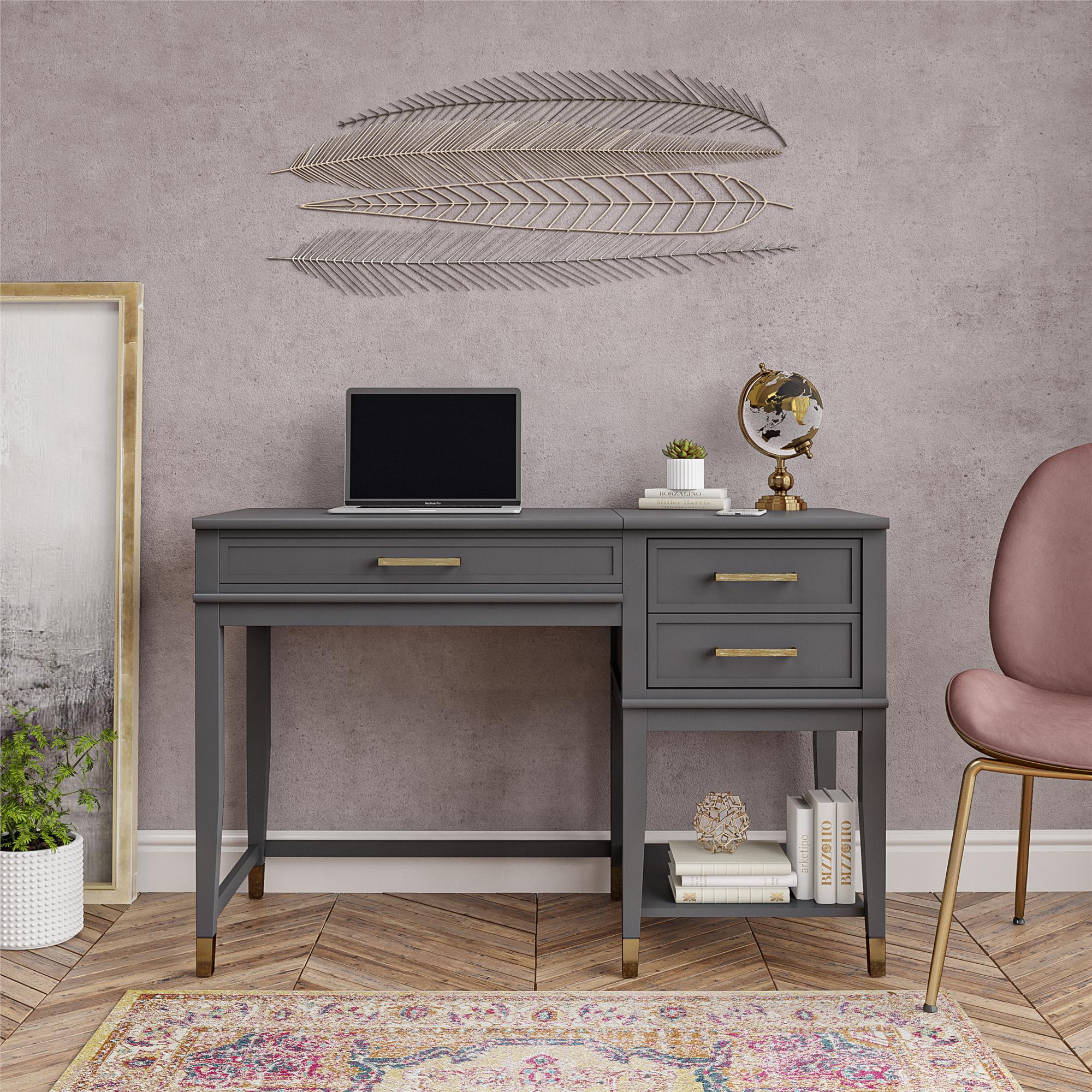 Skrivbord - 116x50x76,5 cm - med 3 lådor och en hylla. Topp med lyftfunktion - grå - Westerleigh