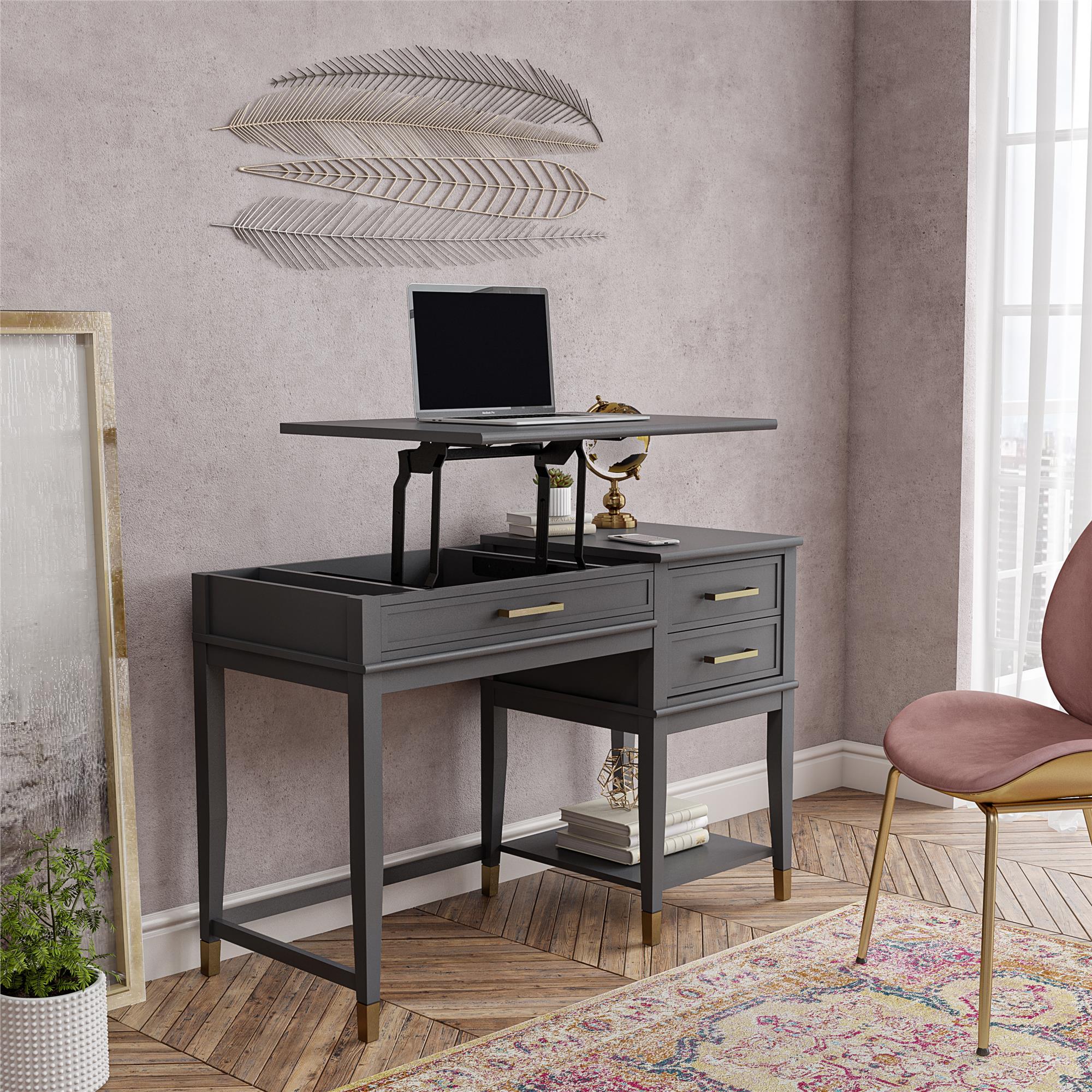 Skrivbord - 116x50x76,5 cm - med 3 lådor och en hylla. Topp med lyftfunktion - grå - Westerleigh