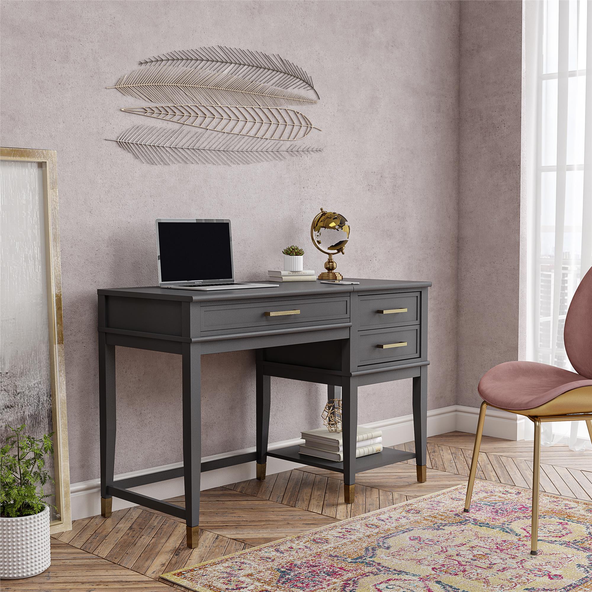 Skrivbord - 116x50x76,5 cm - med 3 lådor och en hylla. Topp med lyftfunktion - grå - Westerleigh