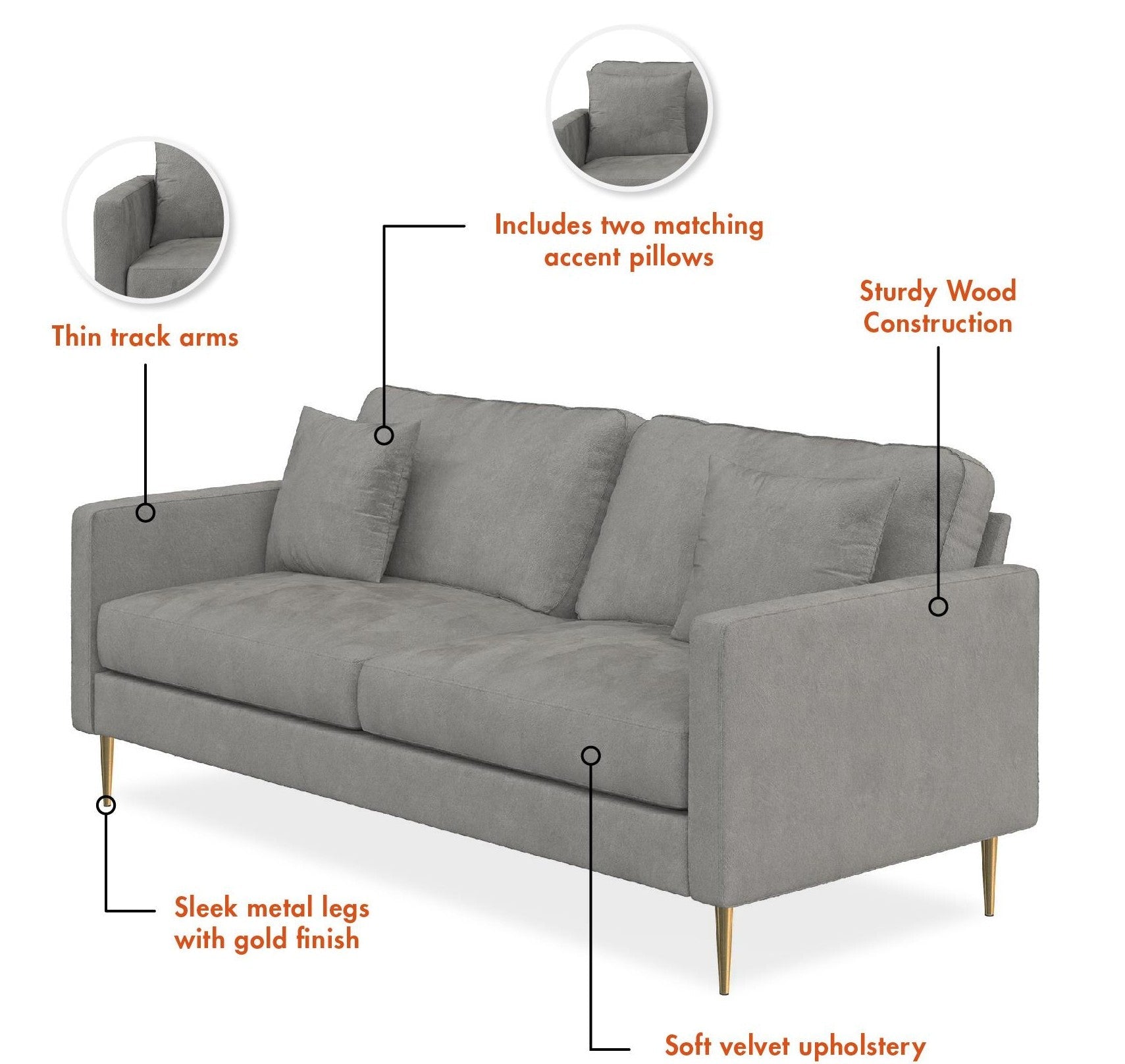 Soffa - 184x85x81 cm - för 3 personer, med sammetsklädsel och guldfärgade metallben - grå - Highland - Soffor - Soffa - 184x85x81 cm - för 3 personer, med sammetsklädsel och guldfärgade metallben - grå - Highland -