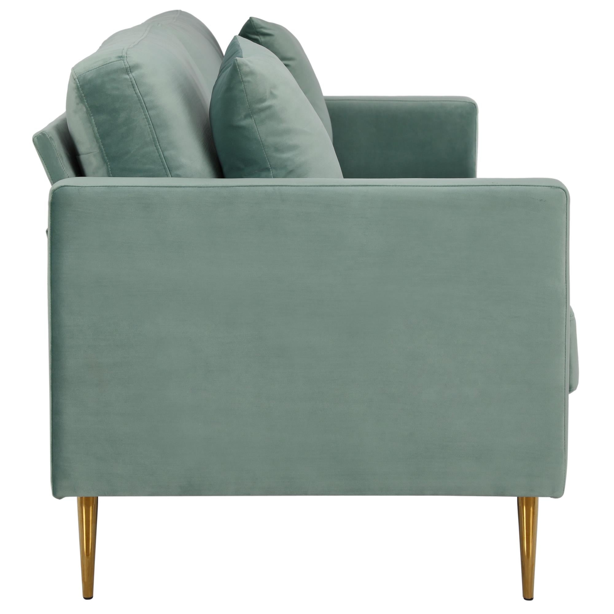 Soffa - 184x85x81 cm - för 3 personer, med sammetsklädsel och guldfärgade metallben - grön - Highland