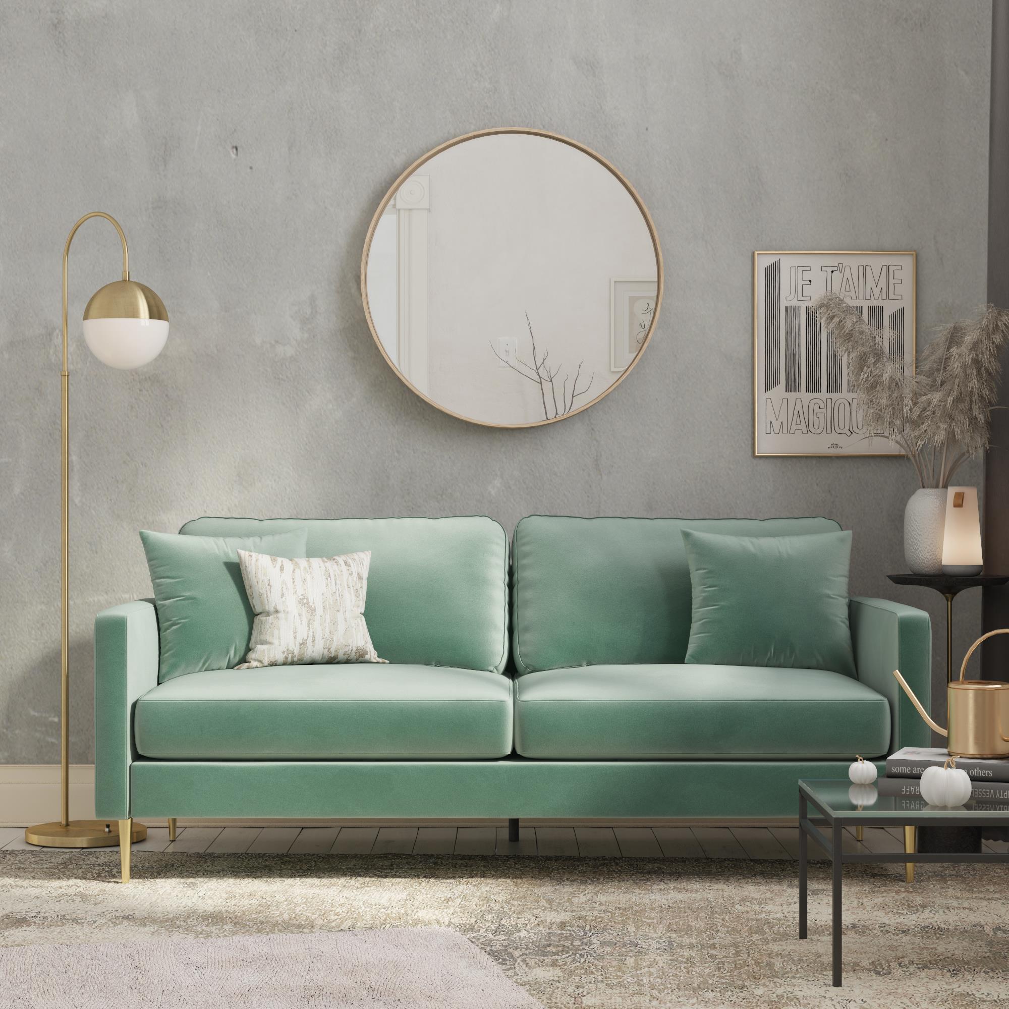Soffa - 184x85x81 cm - för 3 personer, med sammetsklädsel och guldfärgade metallben - grön - Highland