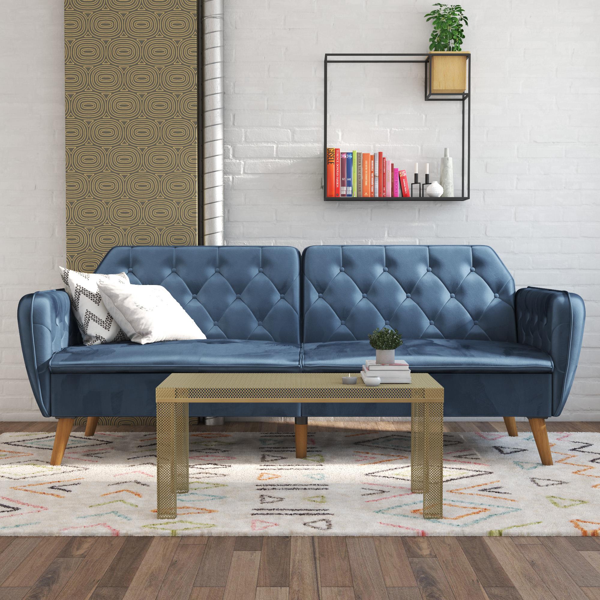 Bäddsoffa - 211x85x83 cm - för 3 personer, klädd i sammet - blå - Tallulah