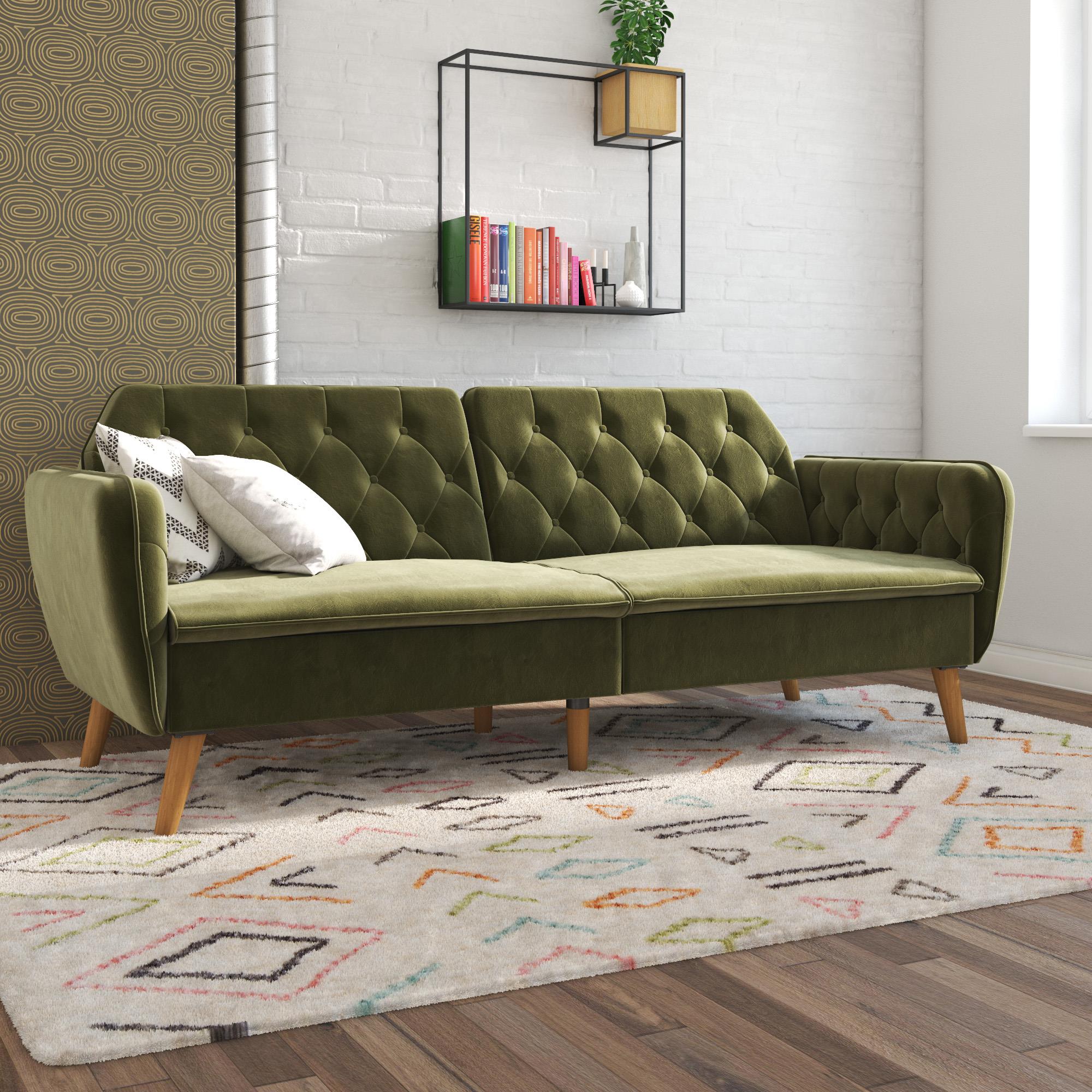 Bäddsoffa – 211x85x83 cm – för 3 personer, klädd i sammet – grön – Tallulah
