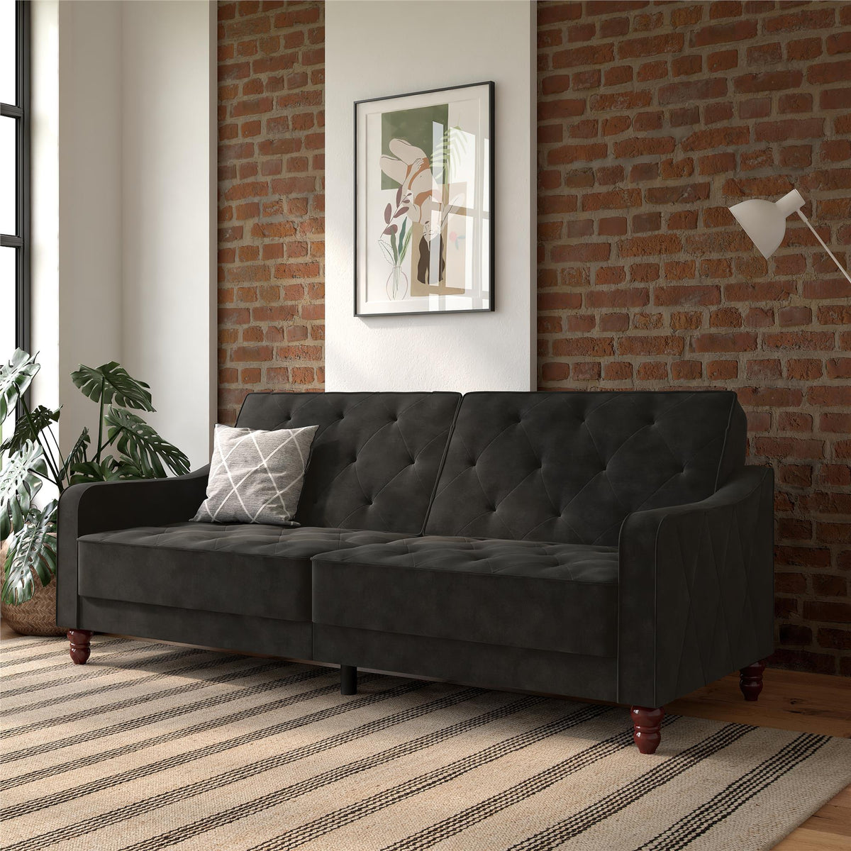 Bäddsoffa - 207x85x88 cm - för 3 personer, klädd i sammet - grå - Vintage