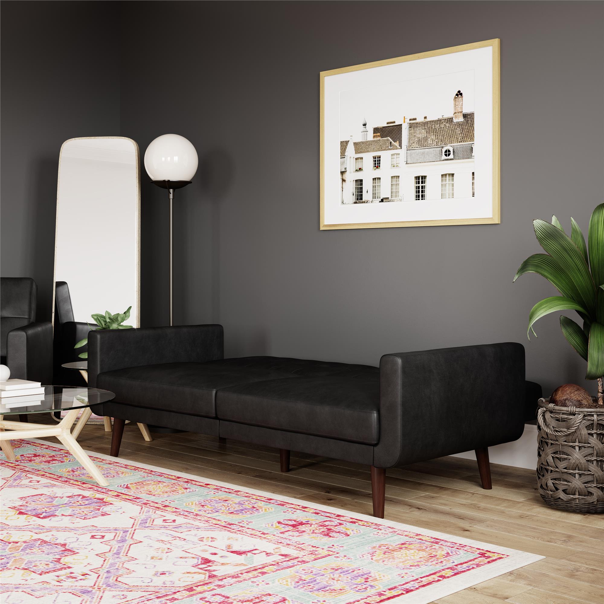 Bäddsoffa - 199x86x83 cm - för 3 personer, klädd i konstläder - svart - Nola
