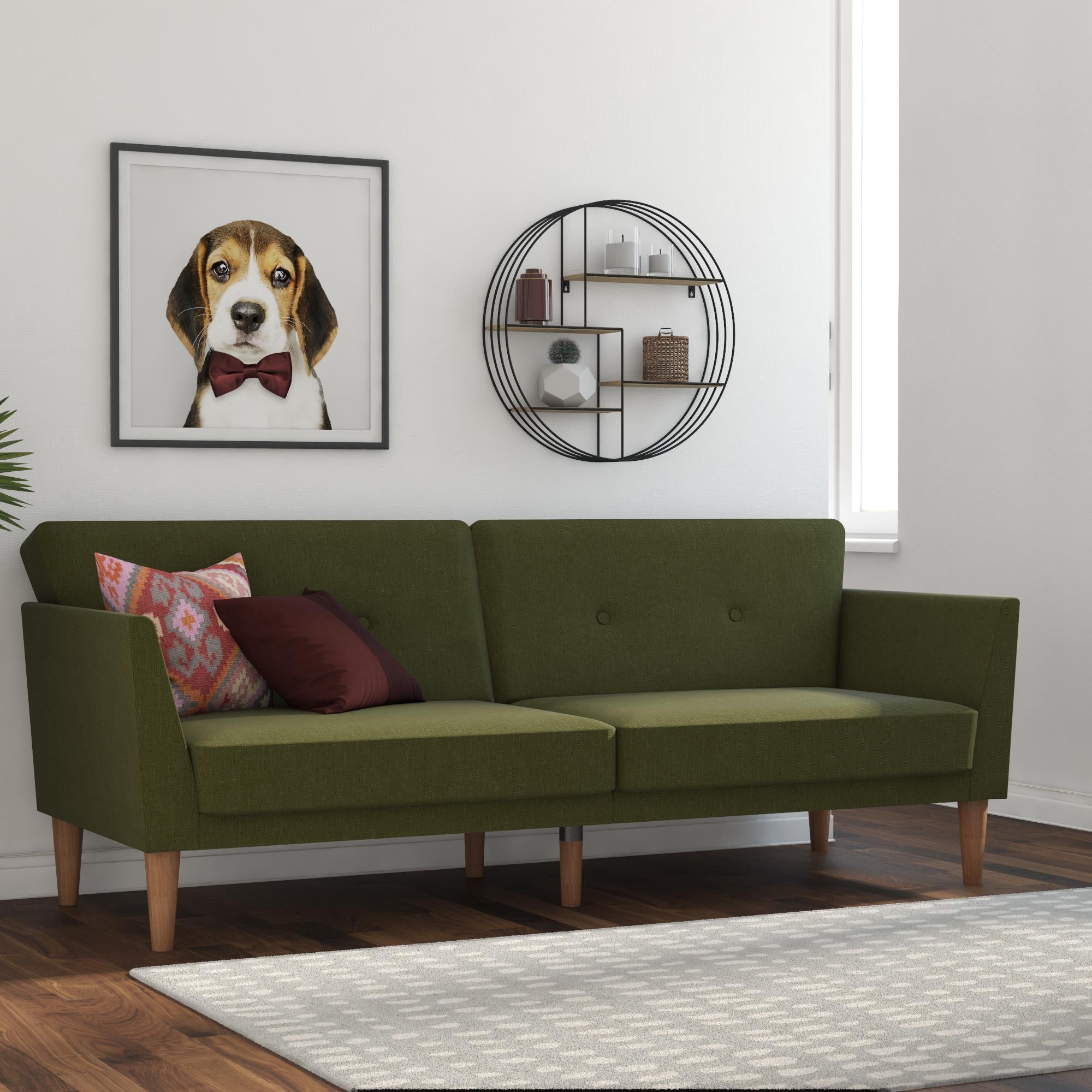 Bäddsoffa - 204x85x83 cm - för 3 personer, klädd med linne - grön - Regal
