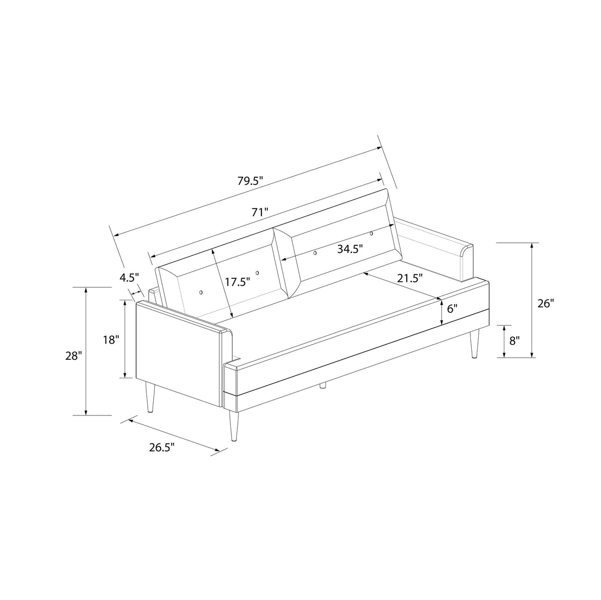 Soffa - 200x79x84 cm - för 3 personer, med sammetsklädsel och svarta metallben - grå - Bailey
