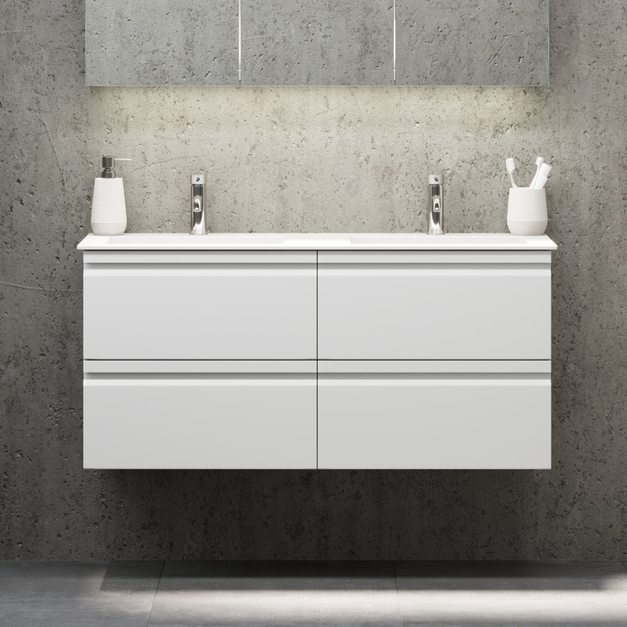 Badrumsmöbel med integrerade fronter - 100x46x57 cm - matt vit - tvättställ i solid surface - Knarrlagsund - Tvättställsskåp - Knarrlagsund, Furniture Set - Code, White Mat - 100 cm - MASTERSTORE - 8595677171136 - Furniture Set - Code - 74 - 100 - 52 - 01 - 40 - 8595677171136 -